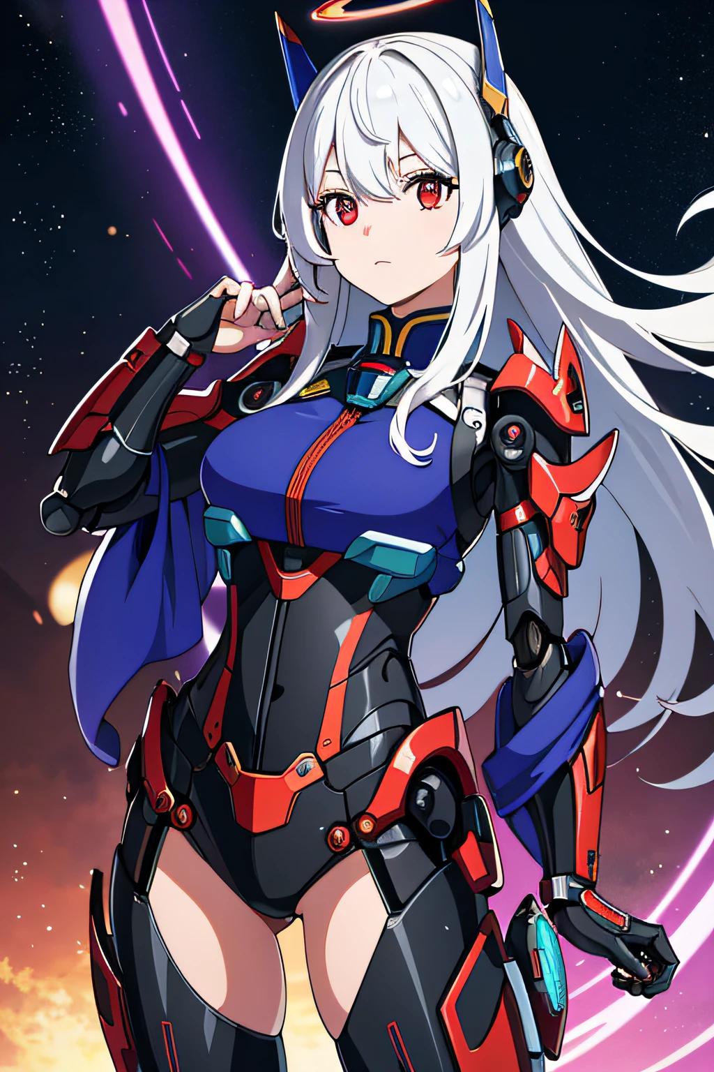 tmasterpiece,best qualityer,Super high detail CG unity 8K wallpaper,dynamic angle,Dynamic posture,one-girl,eBlue eyes,red colour、purpleish color、amarelo、Green hair (Red hair weight 1.2,The rest of the hair weighs 1.3),white color mecha,Beautiful face,Background of doomsday ruins,Faraway view。