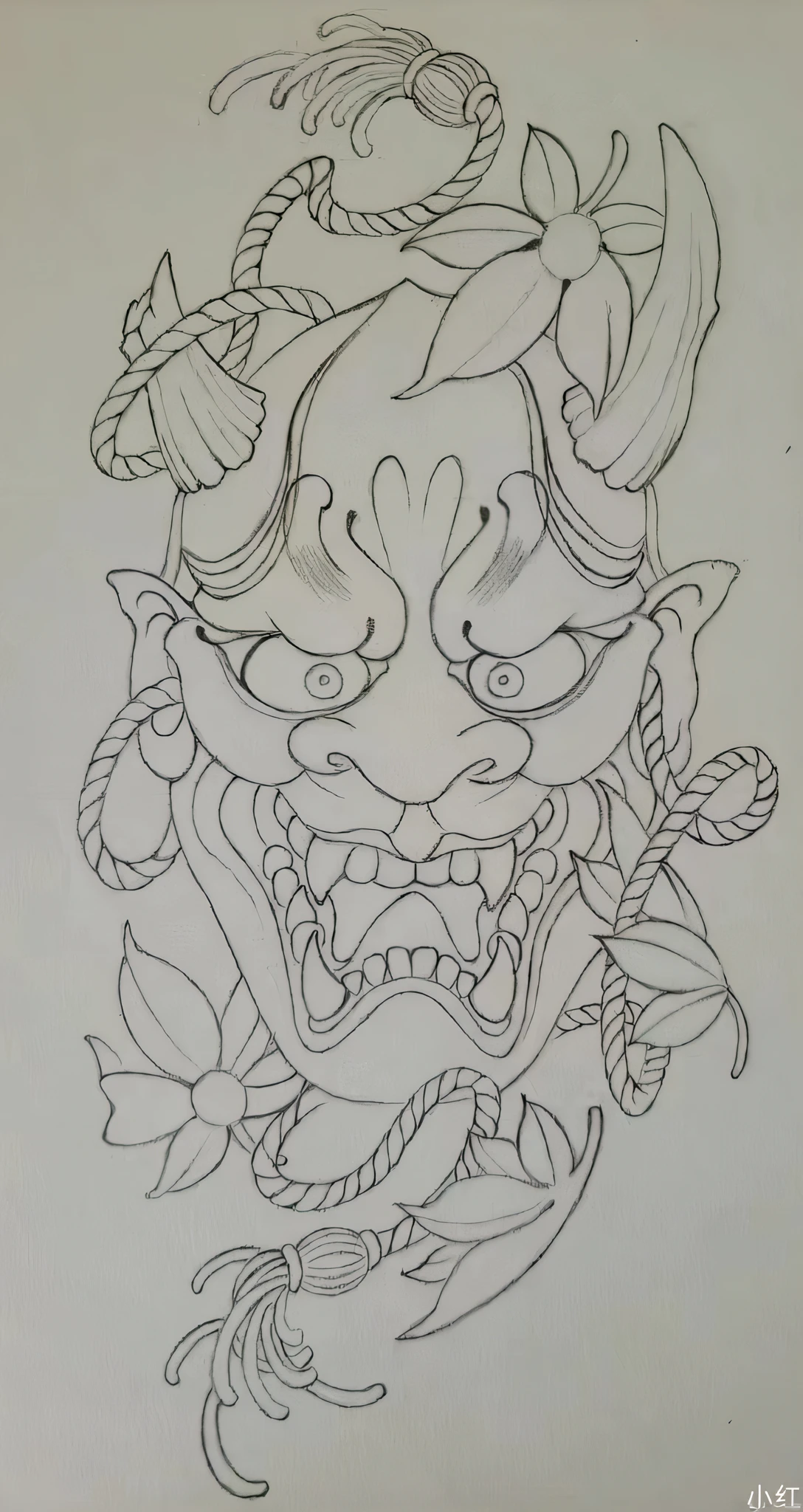 Drawing of a tattoo of a demon with a snake, inspired by Kameda Bōsai, oni mask, inspired by Kawanabe Kyōsai, Inspired by Ryūkōsai Jokei, inspired by Shunkōsai Hokushū, line work, Detailed line work, inspired by Eishōsai Chōki