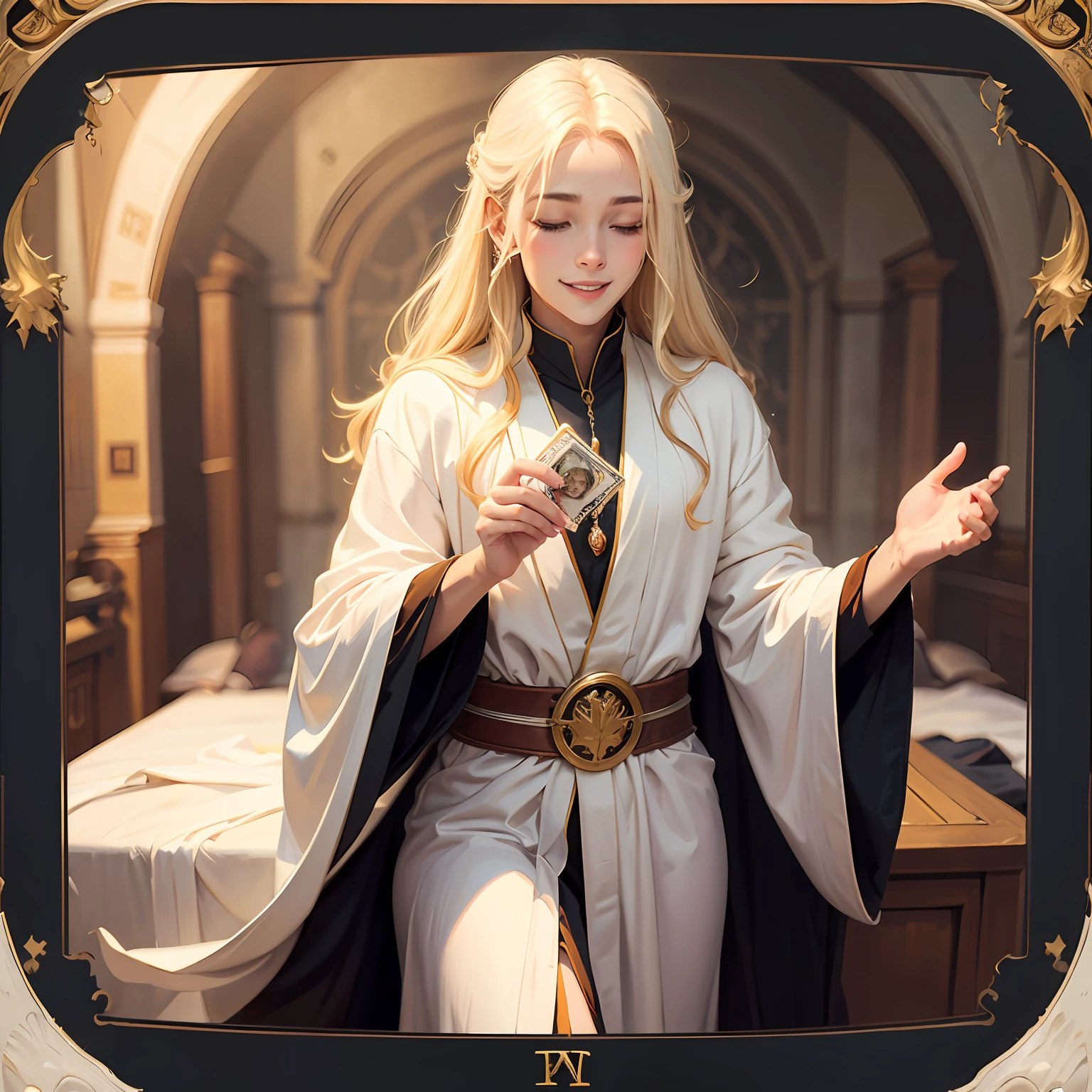long white robe,golden hair color,Smile with half-closed eyes,No toothy smile，palms,（tarot cards：2） --auto