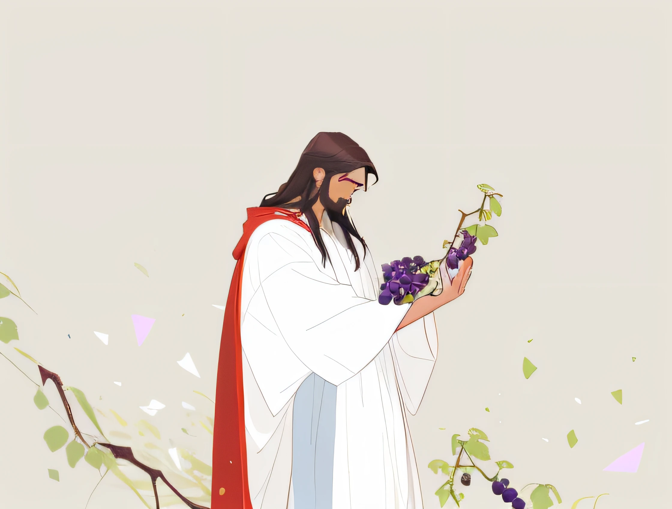A man in a robe and a red coat holds a bunch of grapes,Jesus