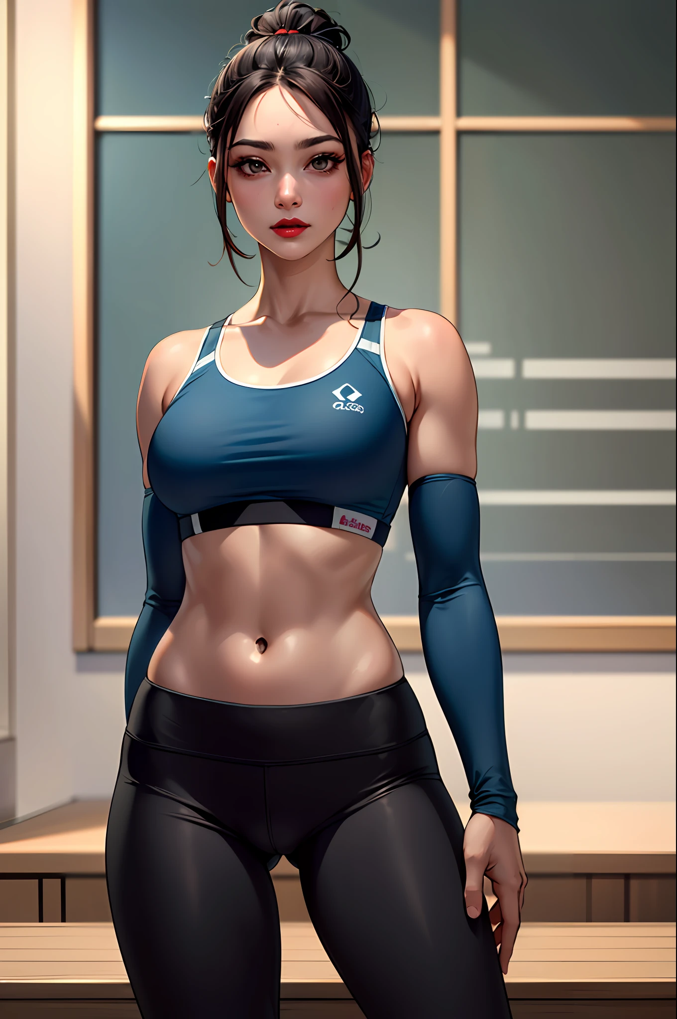 (masterpiece:1.4)、(top-quality:1.4)、
1girl in, Sports bras and leggings、(Arm sleeve),length hair, looking at the viewers, 独奏 ,realisitic,(shinny skin),(masterpiece:1.4),(top-quality:1.4),red-lips