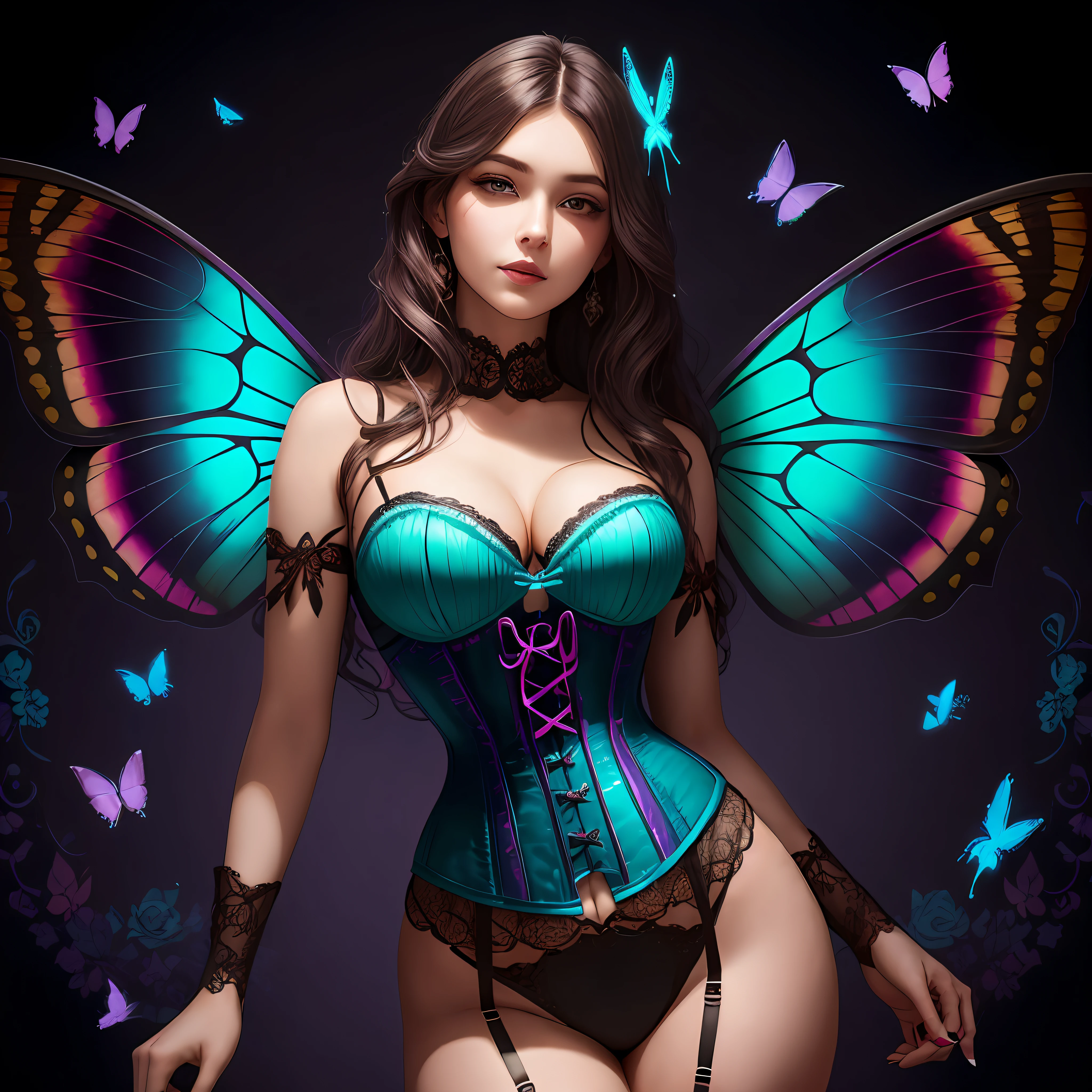 Beautiful 26-year-old Aryan woman wearing a beautiful corset with lace and turquoise and violet colors, y adornado con mariposas de colores --auto