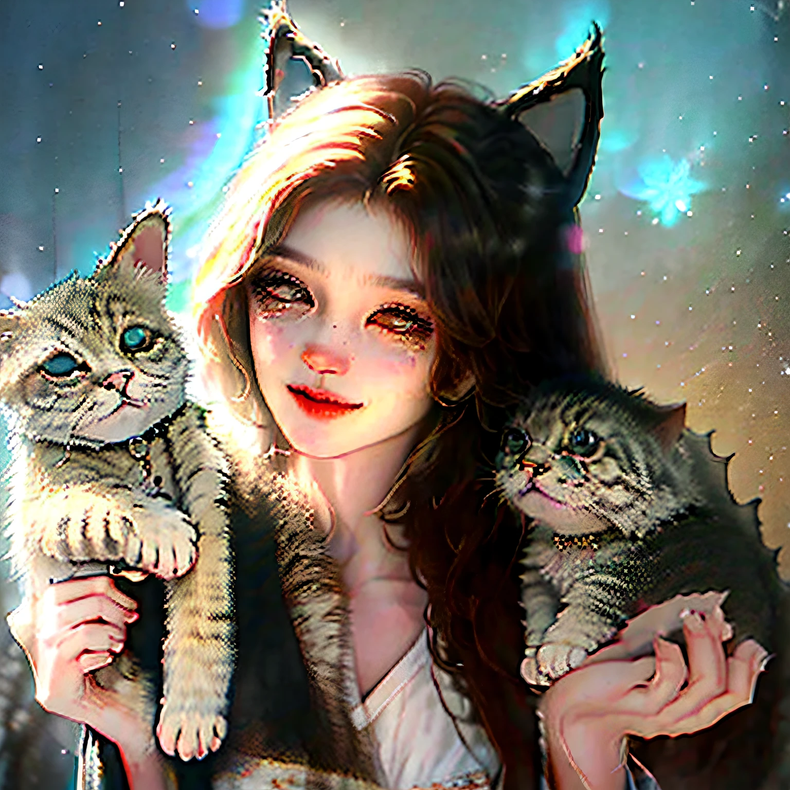 brunette color hair,short detailed hair,Light smile,largeeyes,Cat ears,fang,stereograms,hyper-detailing,Japan Ancient Background --auto