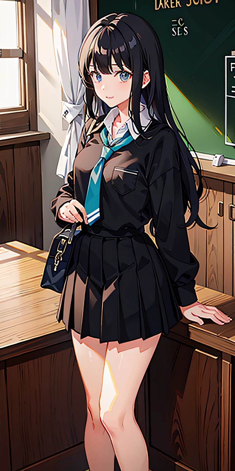 1girl,lip flap,Blushlush,Makeup,Light smile,校服,Classroom,bookbag,llight rays,Glow,upper legs,鎖骨,a narrow waist,(tmasterpiece),the wallpaper,blacksilk,JK skirt,long whitr hair,Need,tmasterpiece