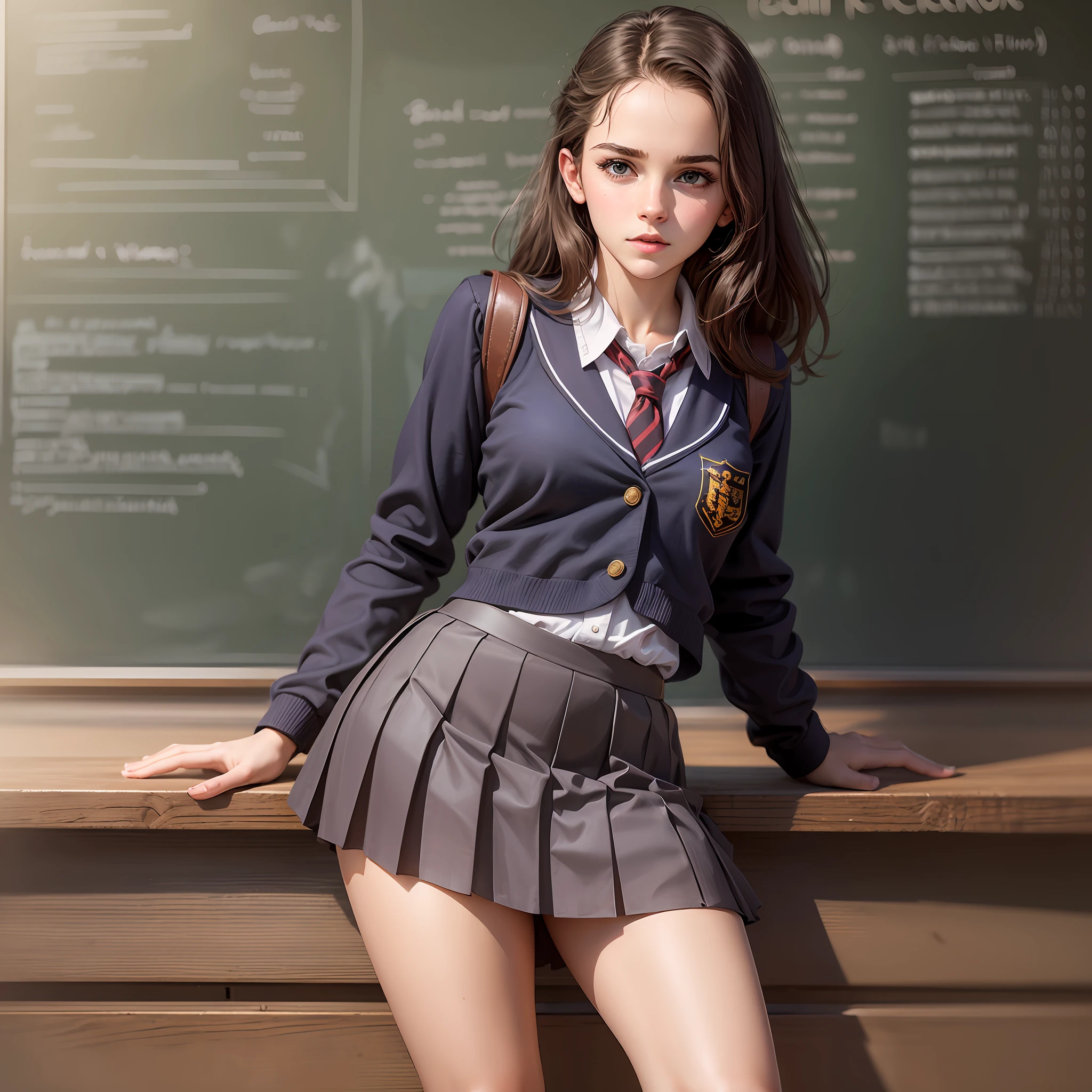teen emma watson as a sexy schoolgirl sitting on a fence. tight intricate school uniform. slender body. classroom. day. background blackboard. pleated skirt.