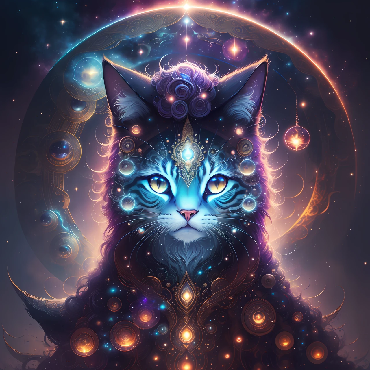 Galactic cat with lots of hair on its head, third eye, staring at something far away, intricate details, electric, fantasy art, Anato Finnstark, latex painting, very detailed, misty rutkowski, HDR, ultra-detailed, edge light, faded, dull
