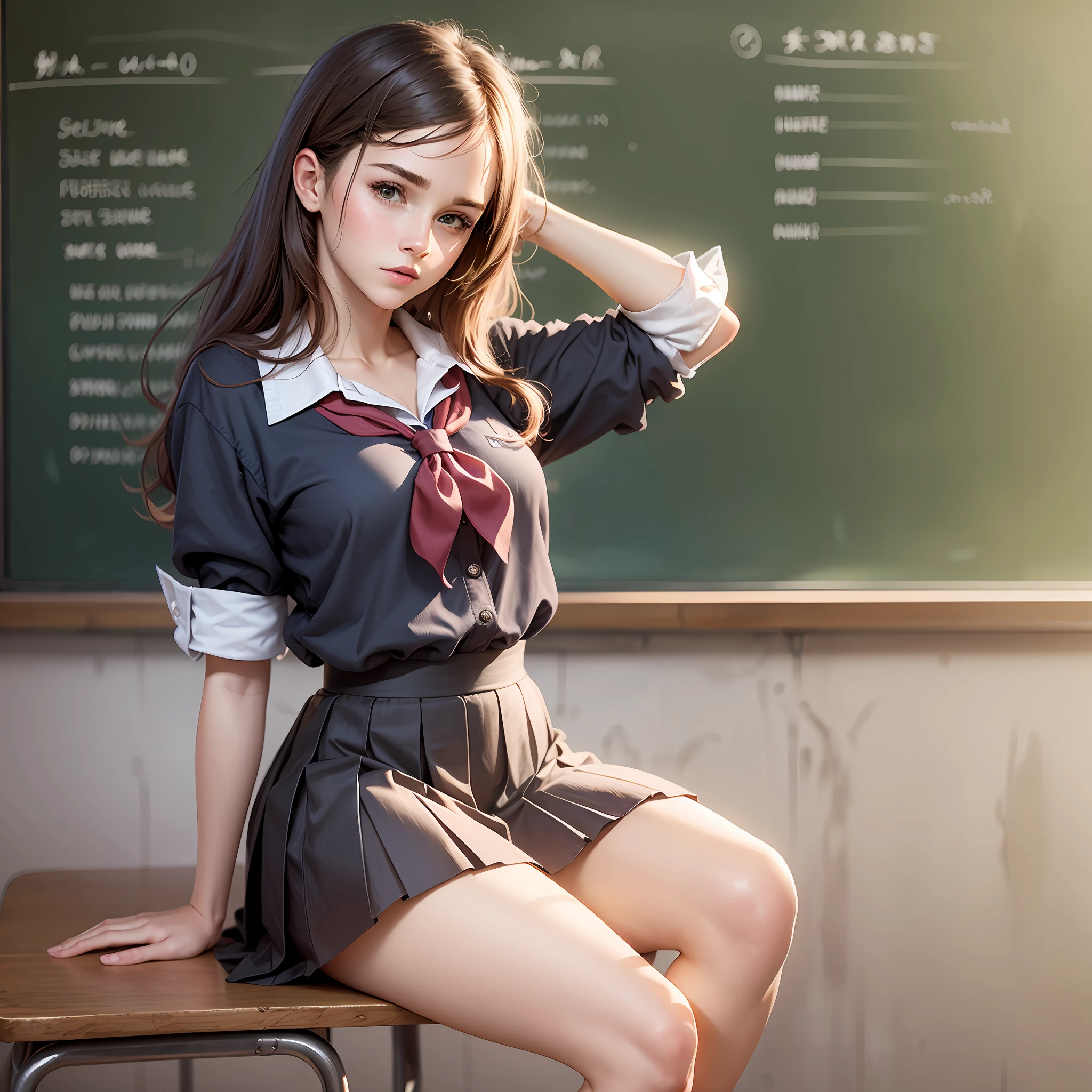 emma watson as a sexy schoolgirl sitting on a fence. tight intricate school uniform. slender body. classroom. day. background blackboard. pleated skirt.