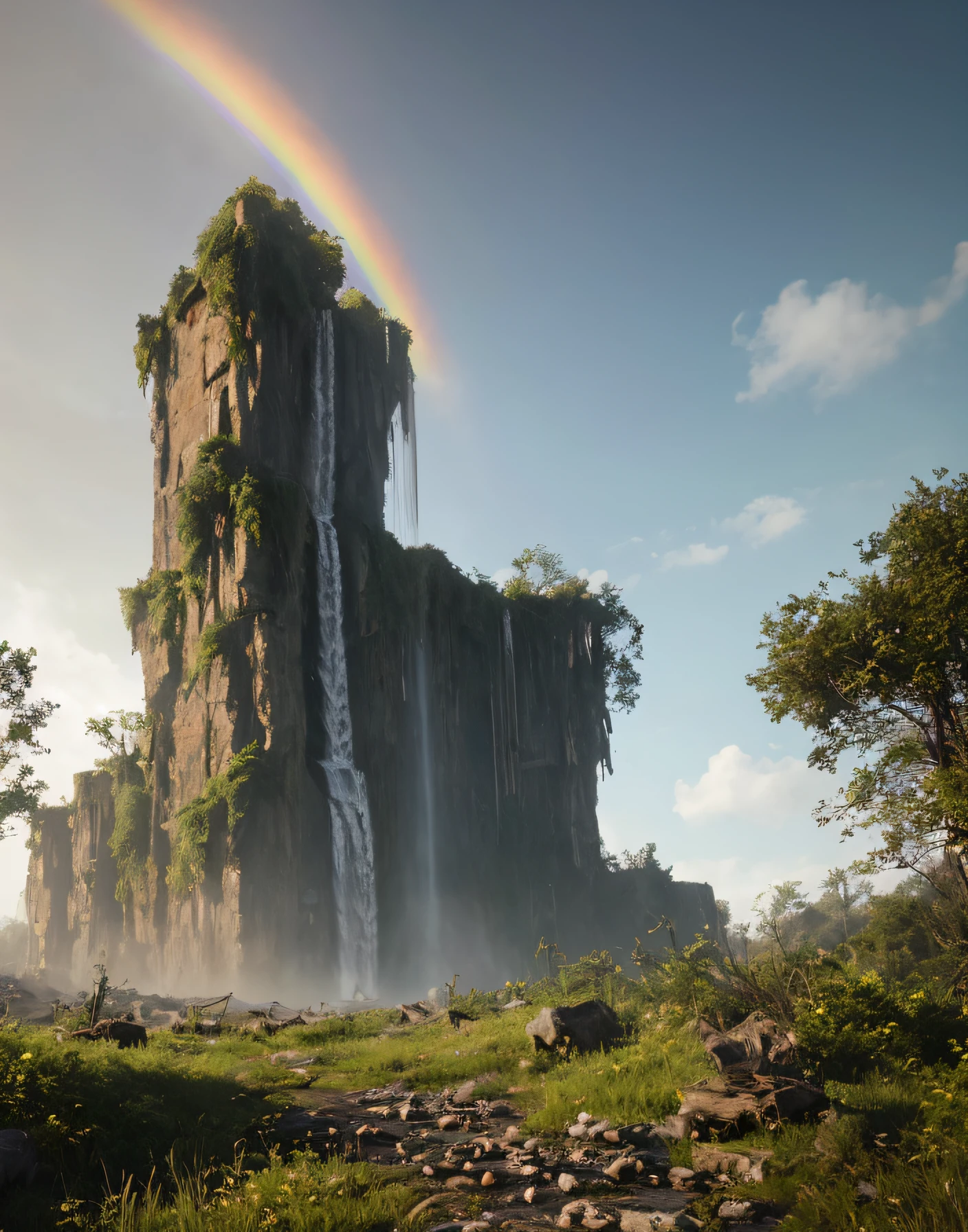 overgrown postapocalyptic ruins, birds in the sky, a rainbow, waterfall : : close shot : : 3 5 mm, realism, octane render, 8 k, exploration, cinematic, trending on artstation, realistic, 3 5 mm camera, unreal engine, hyper detailed, photo - realistic maximum detail, volumetric light, moody cinematic epic concept art, realistic matte painting, hyper photorealistic, concept art, volumetric light, cinematic epic, octane render, 8 k, corona render, movie concept art, octane render, 8 k, corona render, cinematic, trending on artstation, movie concept art, cinematic composition, ultra - detailed, realistic, hyper - realistic, volumetric lighting, 8 k