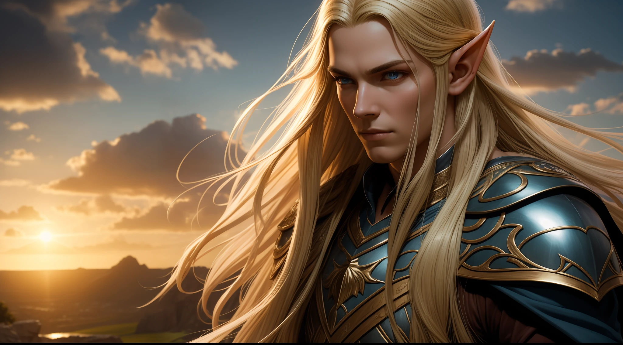 Elf Glorfindel realistic, beautiful elf, long hair with sunshine, blonde hair, lord of the rings, the SILMARILLION (backlighting: 1.2), (flowering: 1.2), (bright light: 1.1), (chromatic aberration: 1.2), sharp focus, high contrast, (cinematic lighting: 1.2), movie trailer image, fantasy movie, (screen lighting: 1.1) Realism, Ultra-Wide Angle, 135mm, atmospheric perspective, 8k, Super Detail, Award Winning, Textured Skin, Super Detail, 16K, Anatomically Correct