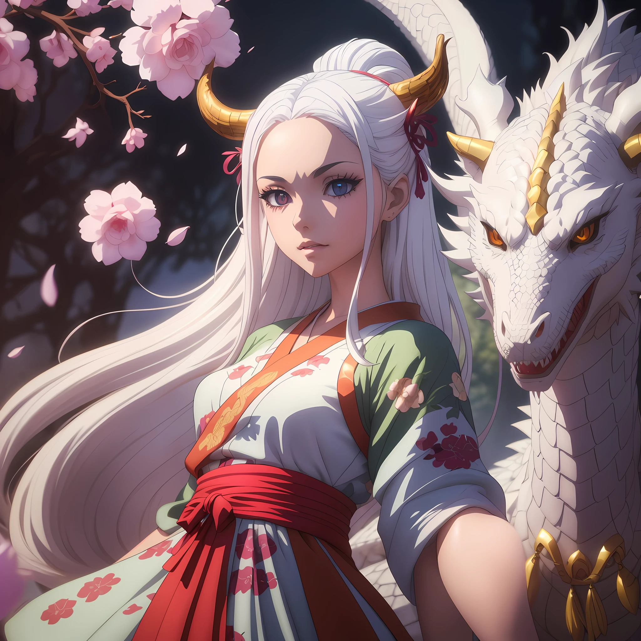 Anime girl with white hair and horns standing next to the dragon,2.5D CGI anime fantasy artwork,Highly detailed digital animation art,Digital anime illustration,Advanced anime art for digital,Anime fantasy illustration,Guviz-style artwork,realistic anime 3D style,ross tran and artgerm,Girl with gentle face,Fantasy style anime。