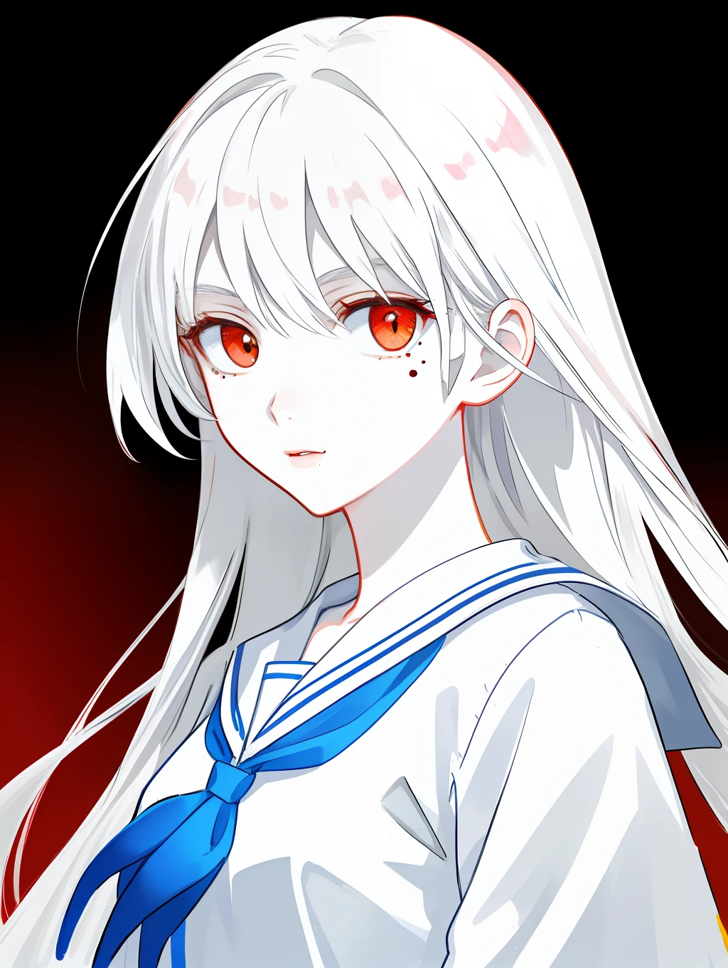 white long straight hair, red color eyes, Two-dimensional painting style, Cute girl, The upper part of the body, White sailor suit, white skinned, mole under eye, masterpiece, anatomically correct, super detail, high details, high quality, award winning, best quality