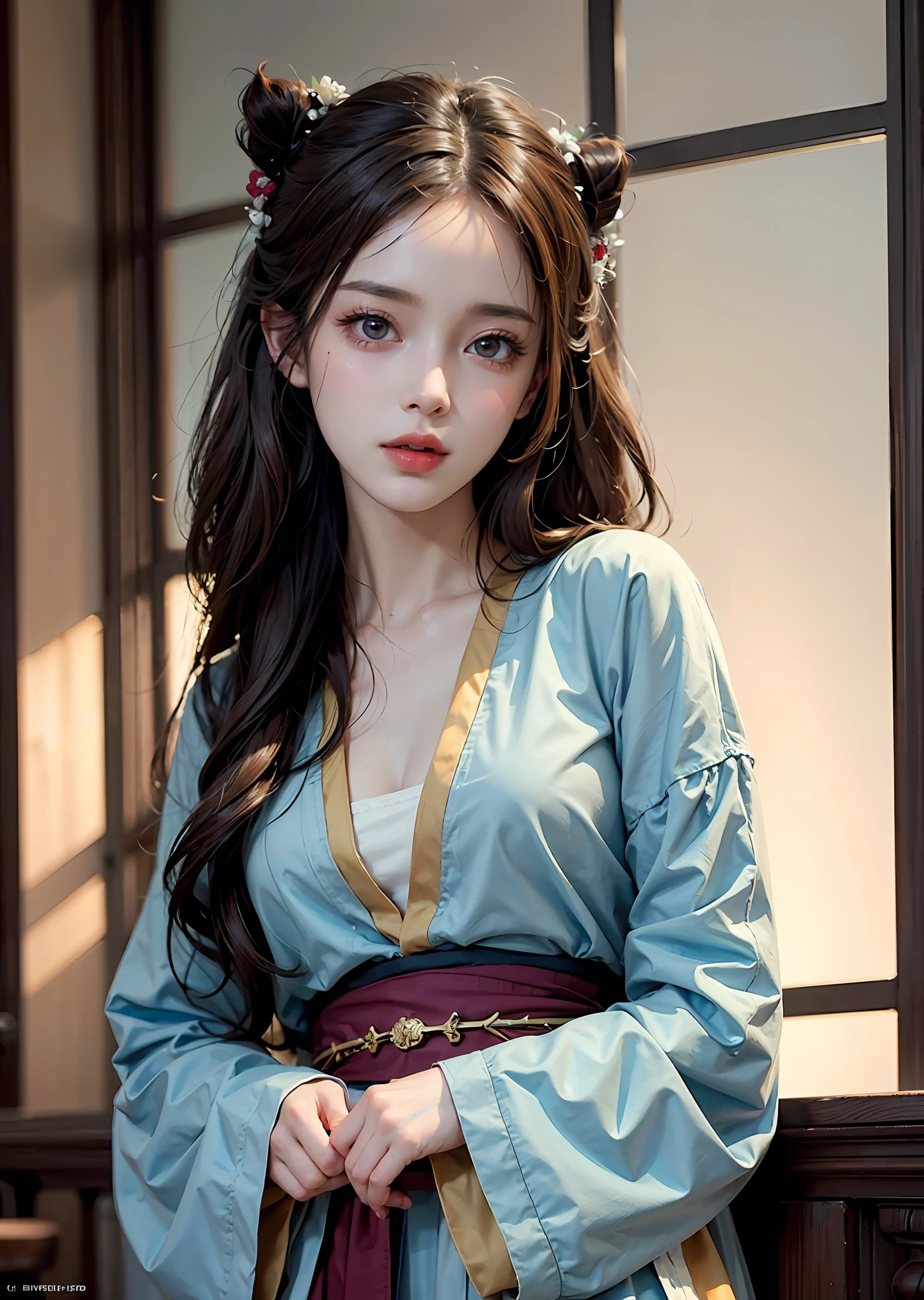 best quality,masterpiece,illustration,an extremely deciple and beautiful,extremely detailed,CG,unity,8k wallpaper,Amazing,finely detail,master,best quality,official art,extremely detailed CG unity 8k wallpaper,absurderes，Incredibly Ridiculous res，hugefilesize, ultra - detailed, A high resolution, The is very detailed, Liuhai, Nice detailed girl, very detailed eyes and faces, Beautiful detailed eyes, light in face,(Hanfu:1.1),1girl, full bodyesbian, Full body photo, ru_qun