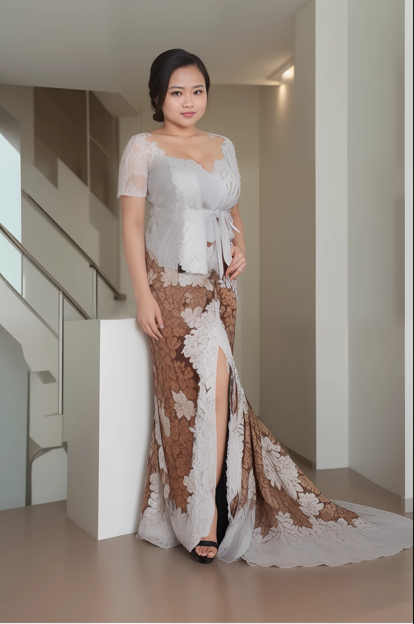 ((looking at camera)), (WDR), detailed face, 1girl, solo, fashion-girl, girl, cute, sweet, Sundanese girl wearing Sundanese kebaya, silver kebaya and brown floral pattern long skirt, Indonesian Culture, Indonesian Art, sexy, tics, gigantic breasts, e, busty,ous, curvyck, chubby