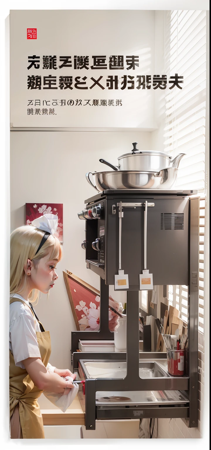 The painting pattern is replaced with a real person,wearing apron,sideface --auto