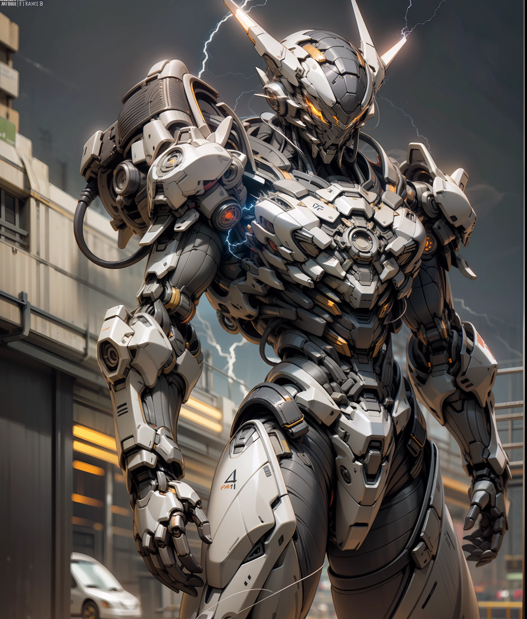 Demon Killer, Super Cool Demon Killer, Wearing Mechanical Armor, Red Lightning, Play Lightning, Super Detail, IP by pop mart, Edge Light, Avatar, Octane Rendering, Blender, Full Body, Clean Black Background, 3D, C4D, Best Quality, Very Detailed, 8K