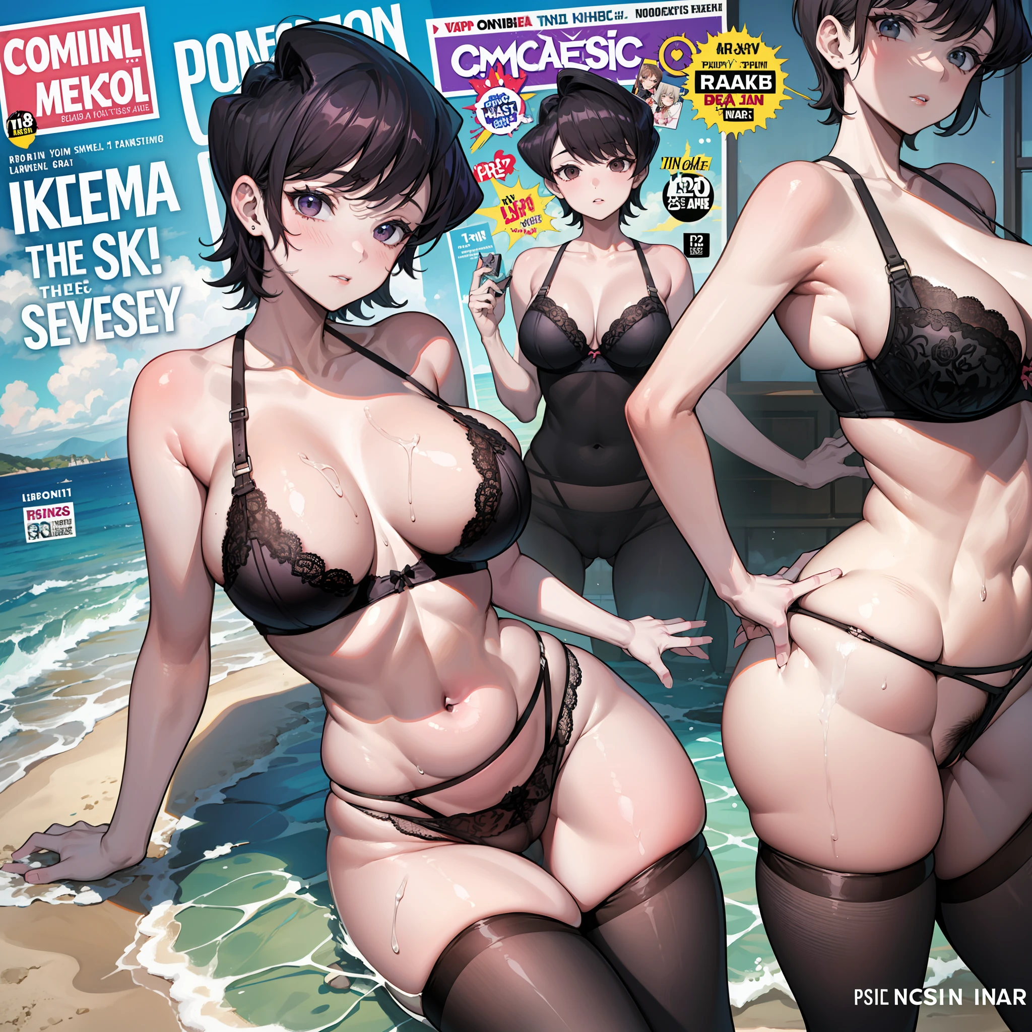 Komi Shuuko,Comic cover style，moisturized, Radiant and pink skin，The middle part of the bra is openwork and transparent，Fat ass，Naked，exposing your navel，Exposed crotch showing through，Expose the lower half of the breast，Expose all breasts，Leak points，Expose the lower buttocks，exposed，Pink lip flap，Jet black，Dense pubic hair，brown ，Comic title，Mature woman，Skimica style，A loving expression，Seaside vacation，Passionate，Ragged tight stockings，