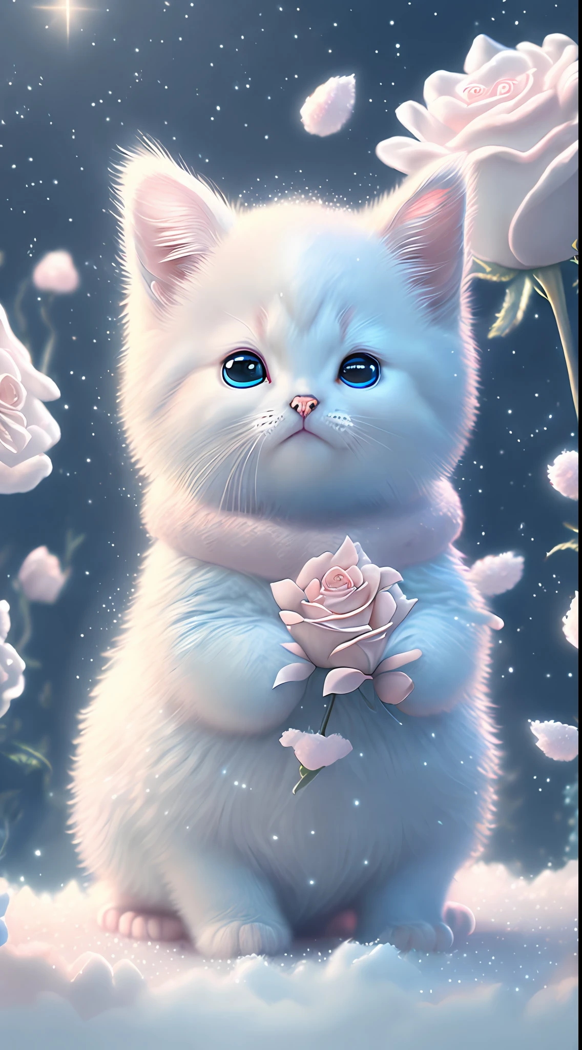 In this ultra-detailed CG art, cute kittens surrounded by ethereal roses, laughter, best quality, high resolution, intricate details, fantasy, cute animals, open mouths, laugh!!