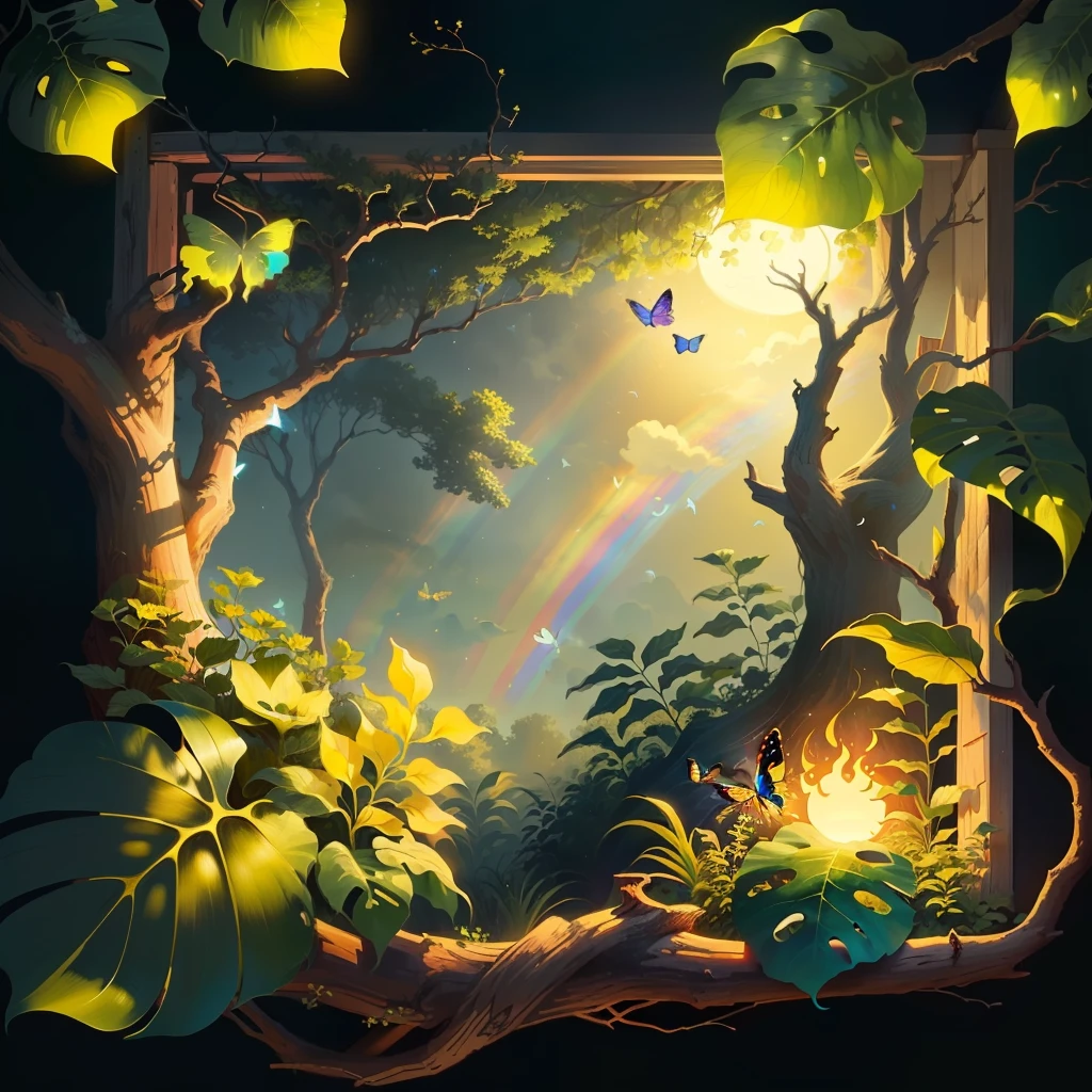 A backyard with a tree and full of butterflies illuminating like sun and a beautiful rainbow. The illustration should be of high quality and cartoon style