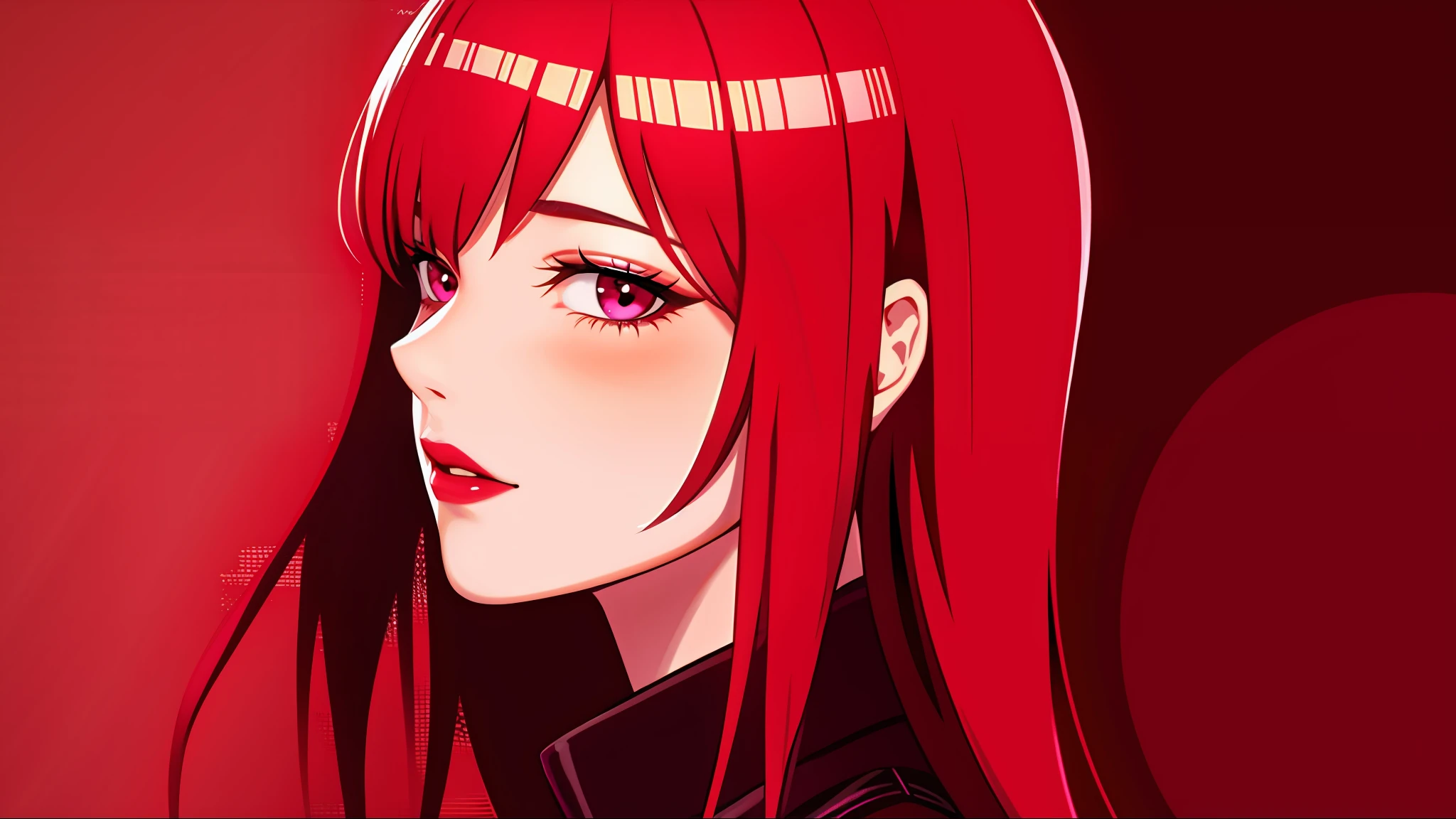 1girl, solo,red theme,looking at viewer,large breasts,portrait,from side,bad-girl,((mature female))