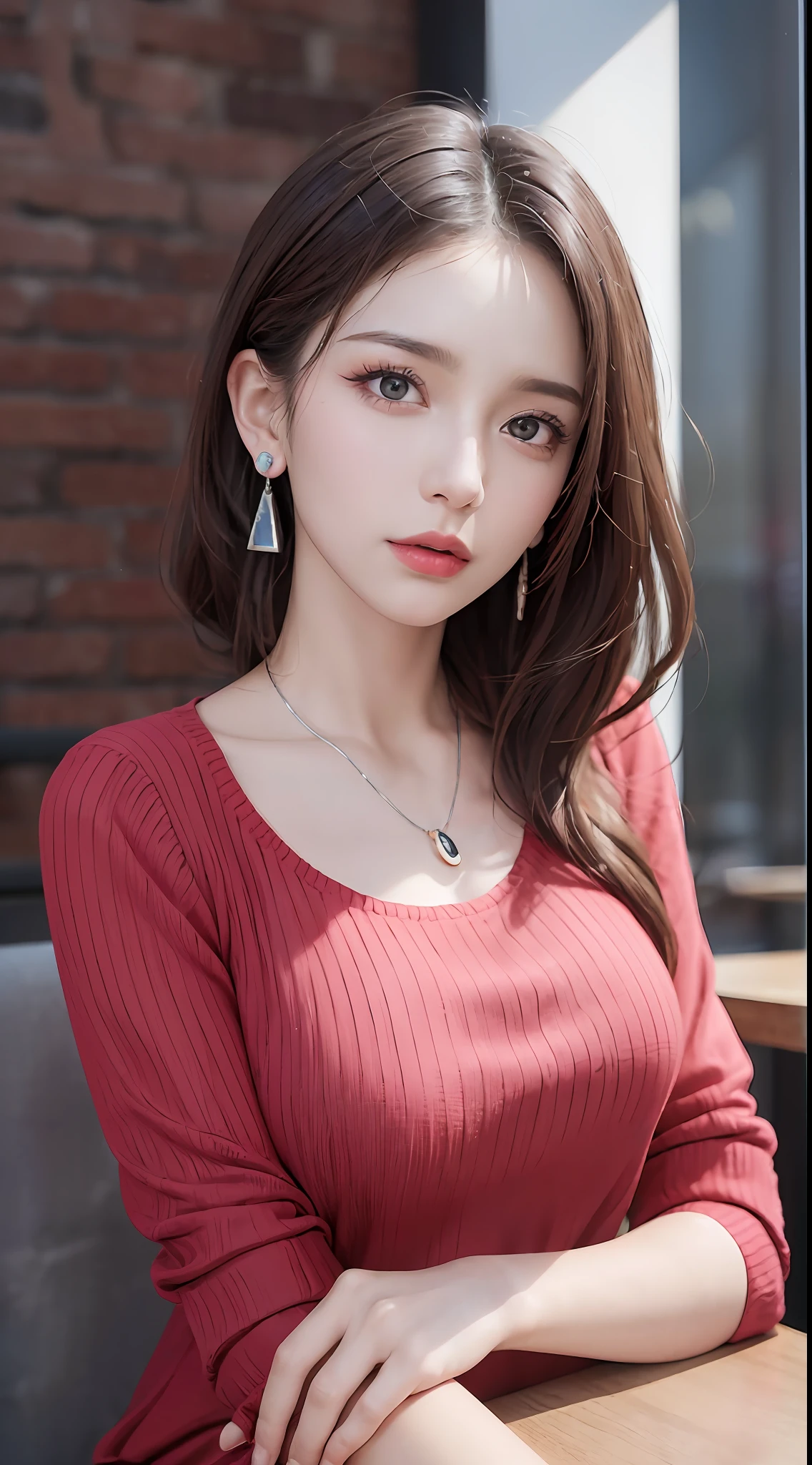 (Raw photo, High resolution, Best Quality, masutepiece:1.3), (realistic detailed, hyper realisitic, Photorealistic: 1.2), Shot with Canon EOS R6, Sharp Focus, F/1.8, mid-shot, upperbody shot, 1girl in, Very delicate and beautiful, Beautiful detailed girl, Very detailed eyes and face, Triangular face, Beautiful detailed eyes, (Slender figure, thin waist), ((Red Sweater Dress)), Stylish pendant, earrings, Natural makeup, Pink shiny lips, Sweepside stylish shorthair, Perfect Style, (low illuminance, sitting in a cafe), nffsw, Ultra-realistic, Highest Quality, super detailed