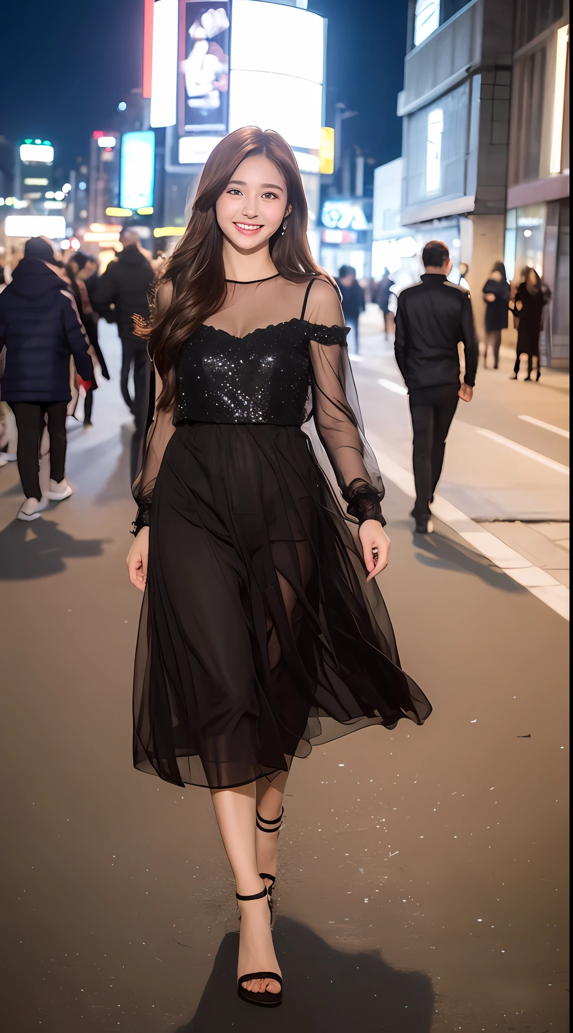 ((Best quality, 8k, Masterpiece :1.3)), 1girl, smiling, full body, slim face, Pretty woman, (Dark brown hair), full length dress :1.1, Ultra-detailed face, Detailed eyes, Double eyelid, blur background, slim face, city, outside, street,