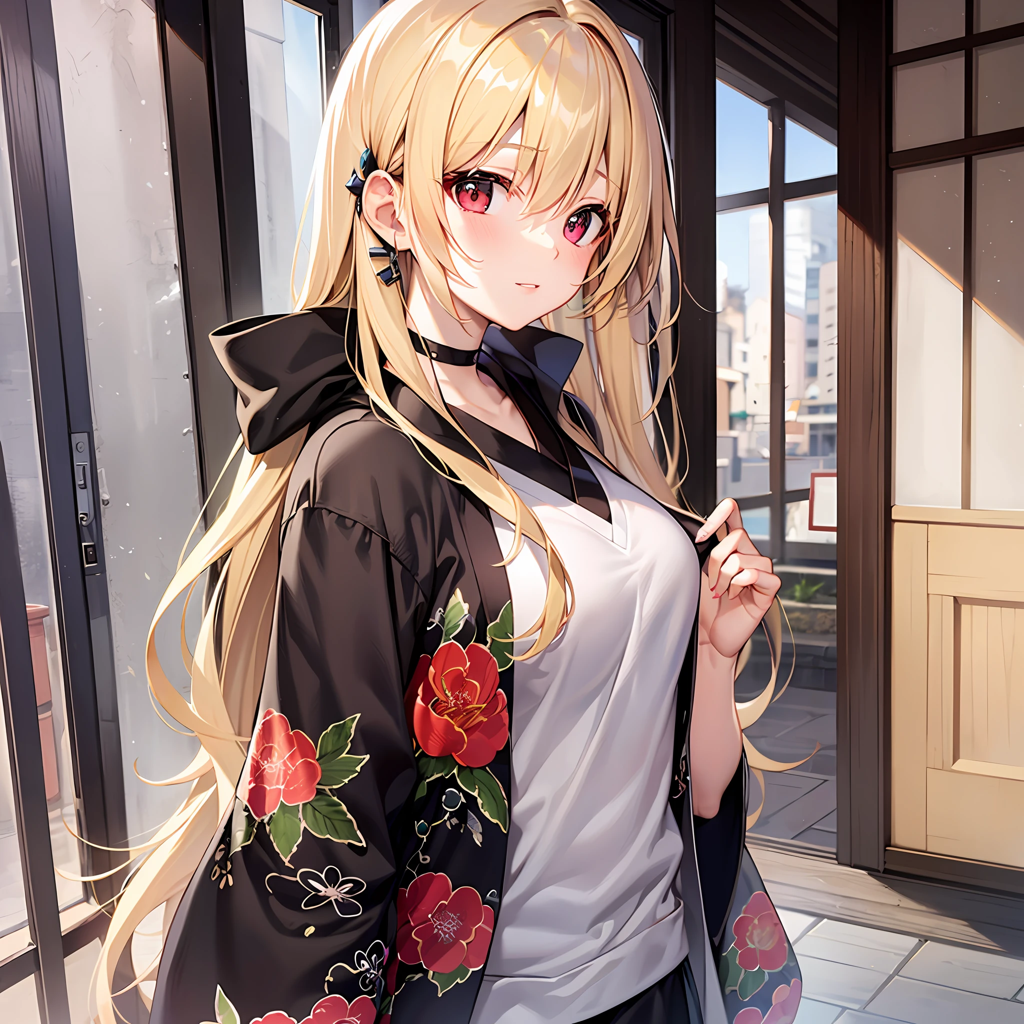 One blonde girl、red eyes、Kimono、a miniskirt