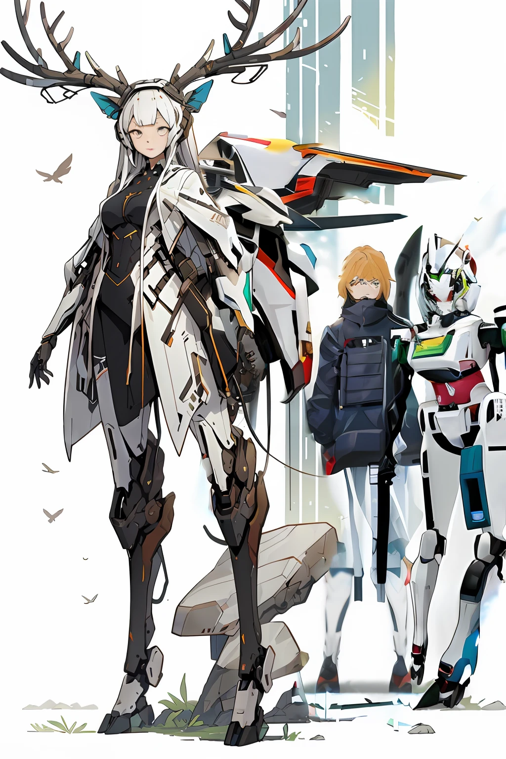 Anime characters with deer-like bodies and Oryx-like heads, mecha animal, mecha asthetic, female mecha, cyberpunk anime girl mech, cool mecha style, anime mecha aesthetic, ferra white mecha, anime robotic mixed with organic, From Arknights, modern mecha anime, # Mecha, white color mecha, mecha anime