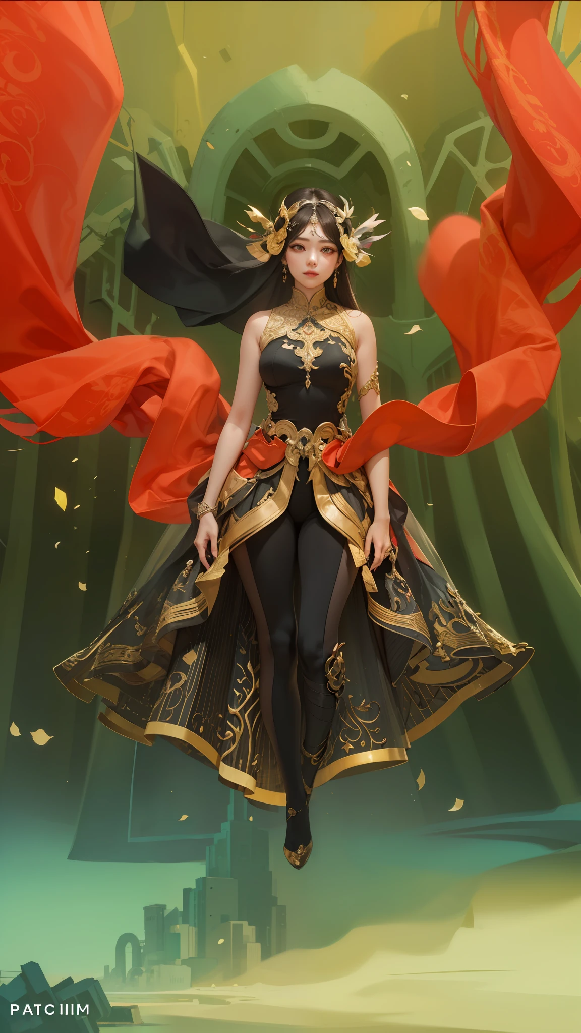 ,master piece,wallpaper,best quality, ultra detailed,perfect face,ban,quan,PerfectNwsjMajic,portrait of the most beautiful form of chaos, elegant, a brutalist designed, solo,1girl,yuechan_wedding_lothes,look at the viewer, (full body),floating,stangding