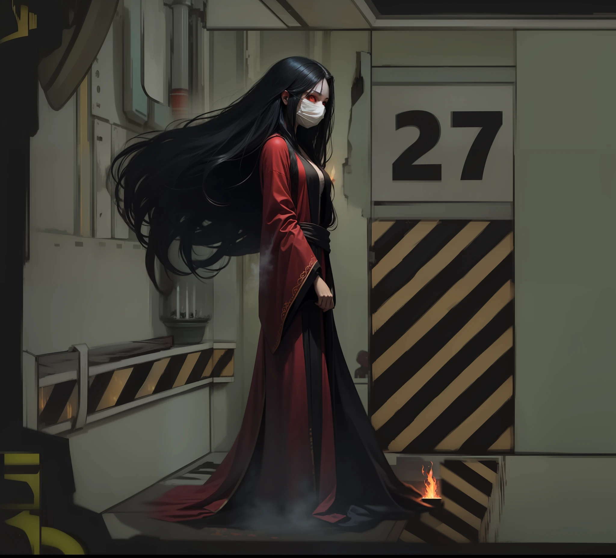 It looks like a female humanoid creature with long black hair and red eyes,The whole body is shrouded in a red robe, and there is no face visible, and there is flame on the robe