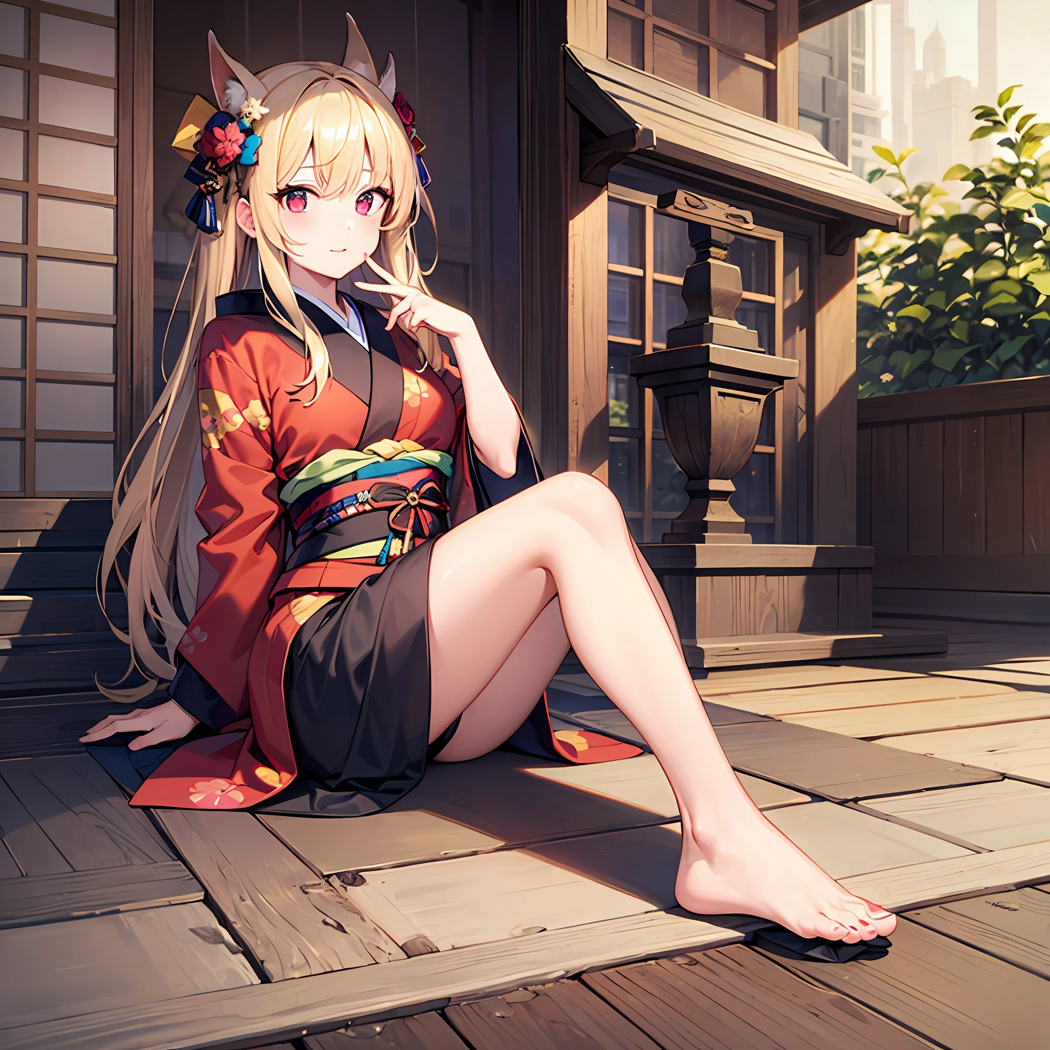 One blonde girl、red eyes、Kimono、beautiful foot