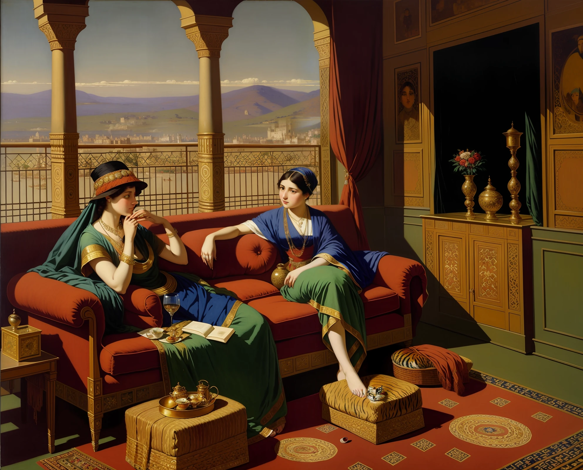 painting of a woman sitting on a couch with a tiger rug, orientalism painting, inspired by Osman Hamdi Bey, orientalist painting, by Osman Hamdi Bey, orientalism, orientalist, grim vibrance orientalism, harem, inspired by Rudolf Ernst, orientalisme, by Rudolf Ernst, by Frederick Goodall, 1920s orientalism