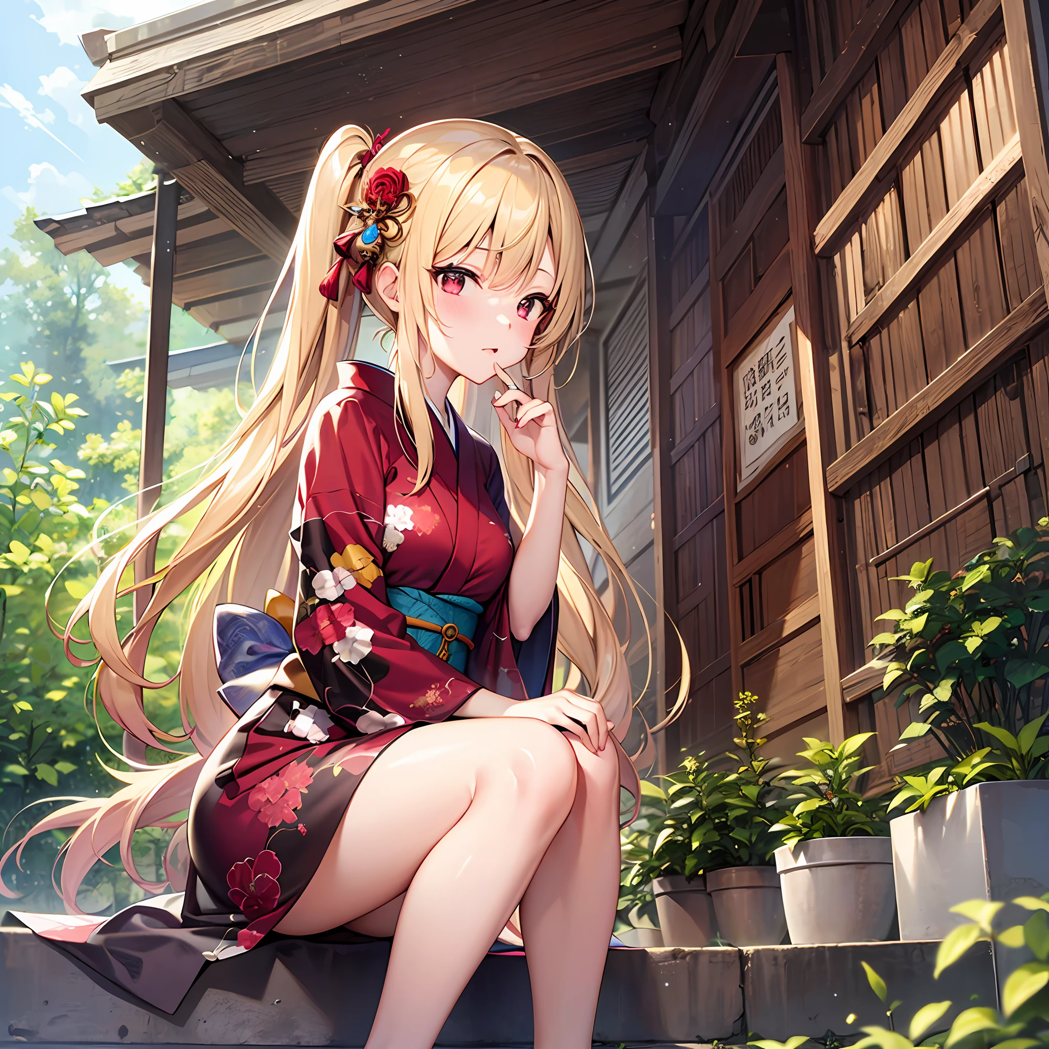 One blonde girl、red eyes、Kimono、beautiful foot