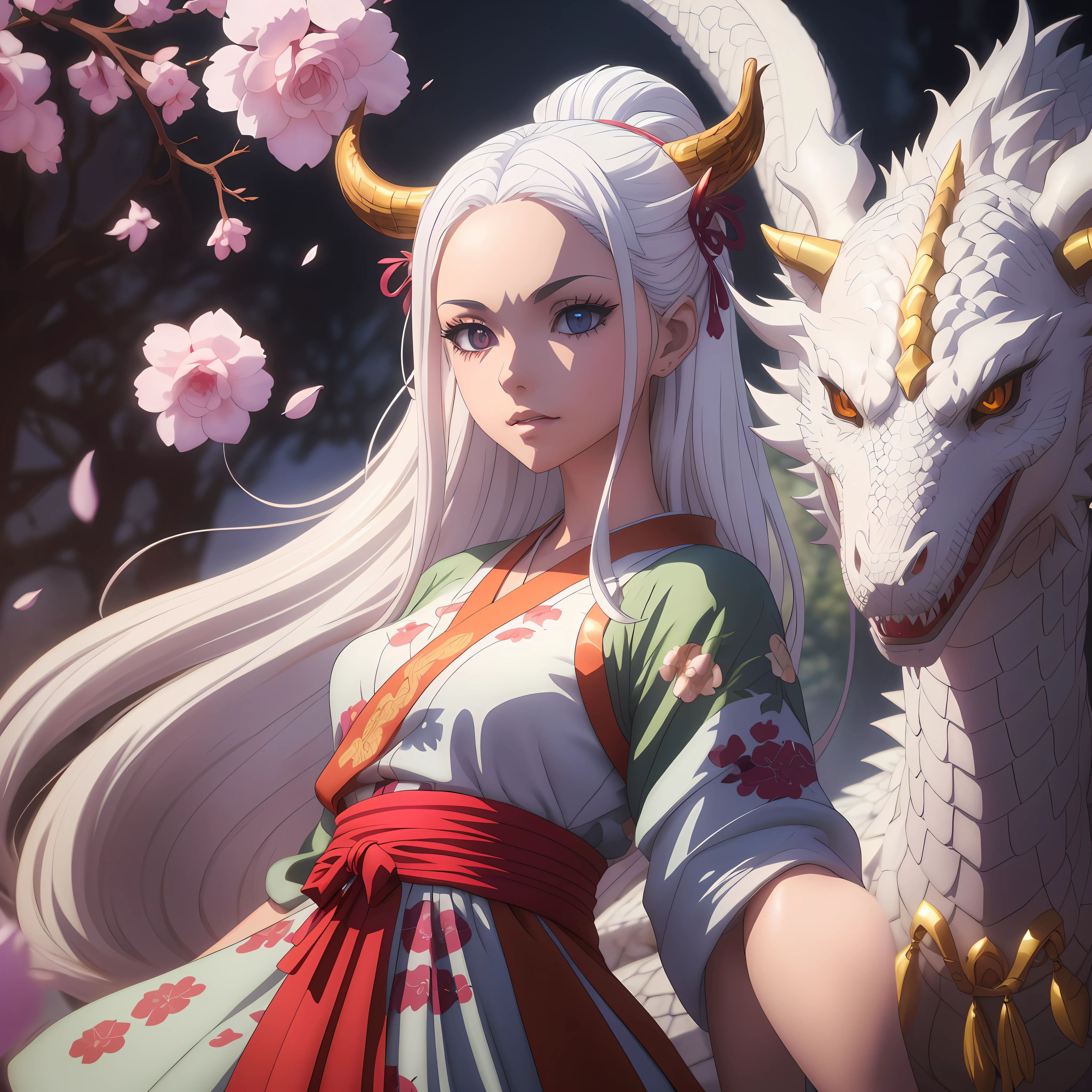 Anime girl with white hair and horns standing next to the dragon，2.5D CGI anime fantasy artwork，Highly detailed digital animation art，Digital anime illustration，Advanced anime art for digital，Anime fantasy illustration，Guviz-style artwork，realistic anime 3D style，ross tran and artgerm，Girl with gentle face，Fantasy style anime。