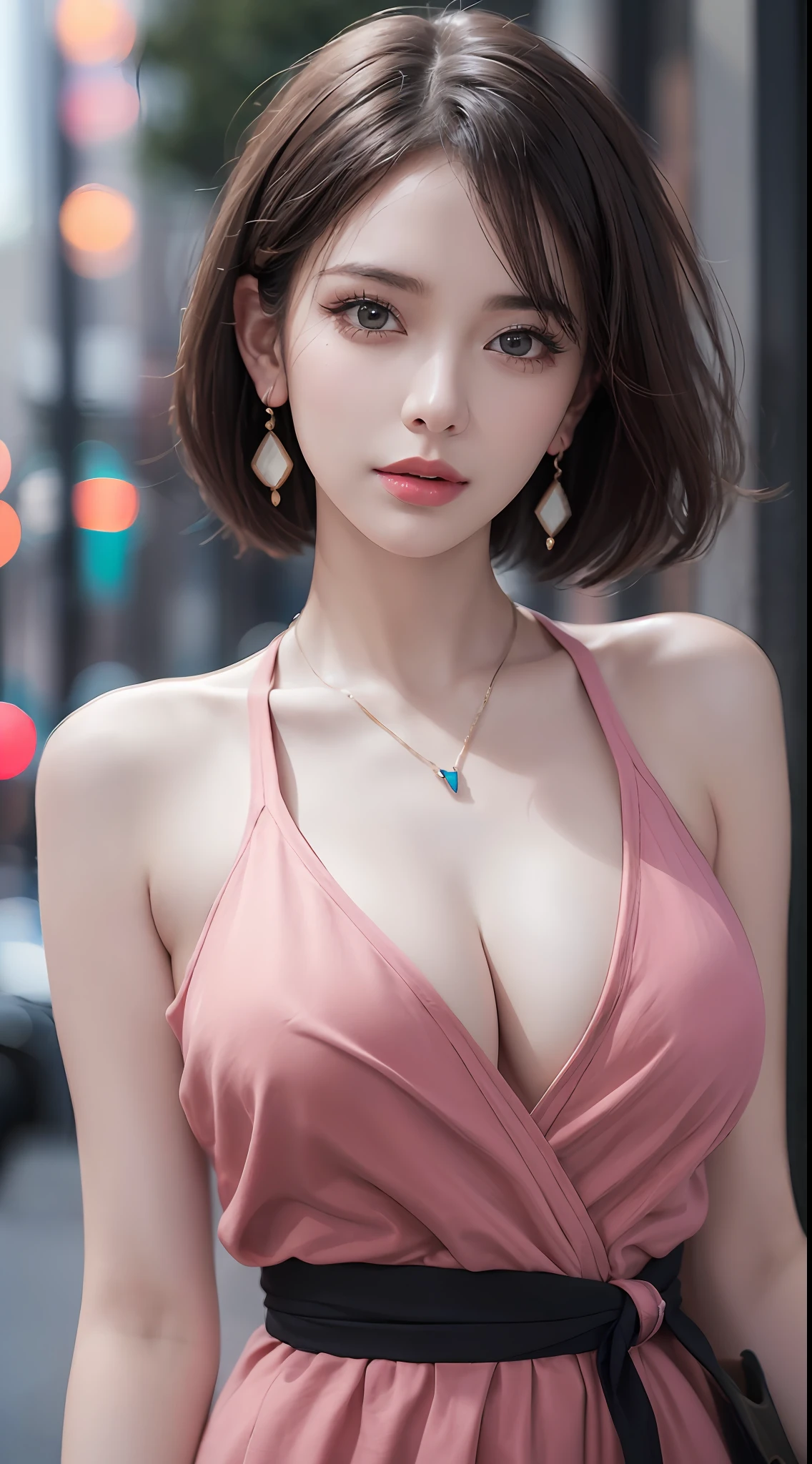 (RAW photo, high resolution, best quality, masterpiece:1.3), (realistic detailed, hyperrealistic, photorealistic: 1.2), shot by Canon EOS R6, Sharp focus, f/1.8, mid shot, upper body shot, 1girl, very delicate and beautiful, beautiful detailed girl, very detailed eyes and face, triangular face, beautiful detailed eyes, (slender figure, thin waist), cleavage, ((casual outfit)), stylish pendant, black earrings, natural makeup, pink shiny lips, swept side stylish short hair, perfect style, (morning outdoor with low light background), ultra-realistic, highest quality, super detailed