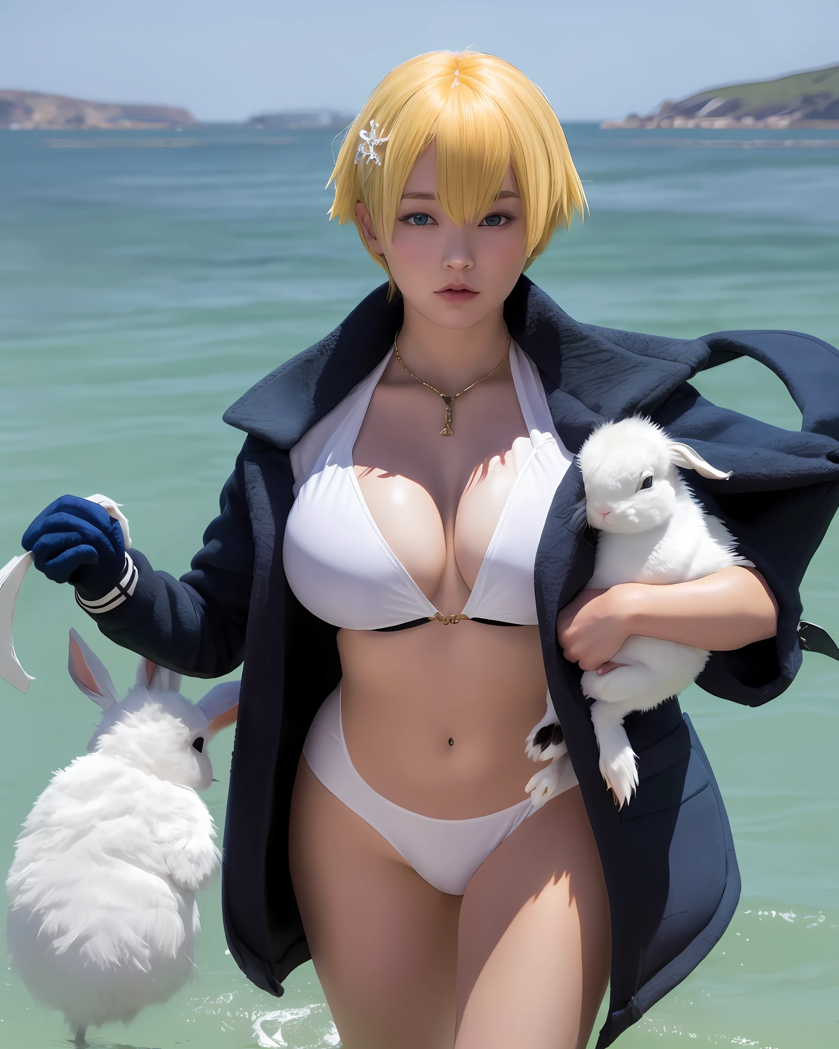 Lori huge breasts cleavage,Yellow-haired,Blue and white color scheme,Navy coat,Arrogant,Carrying a rabbit doll,On the back is the sea