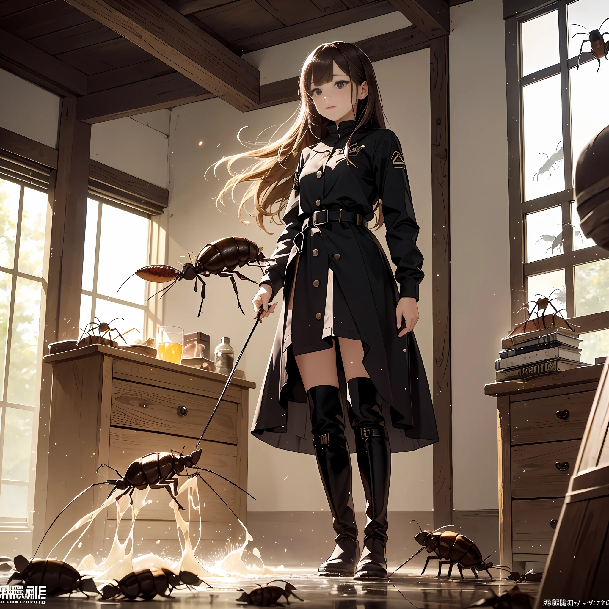 (High-quality depiction+Detailed description)、(Riding boots+rubber+get dirty)、(trample+majority+cockroach)、(Small cockroaches+Mass scattering)、(Internal organs of cockroaches+Yellowed liquid+Splashing)、(Beautiful girl standing+bionde+sulking)、(trample+Small cockroaches)