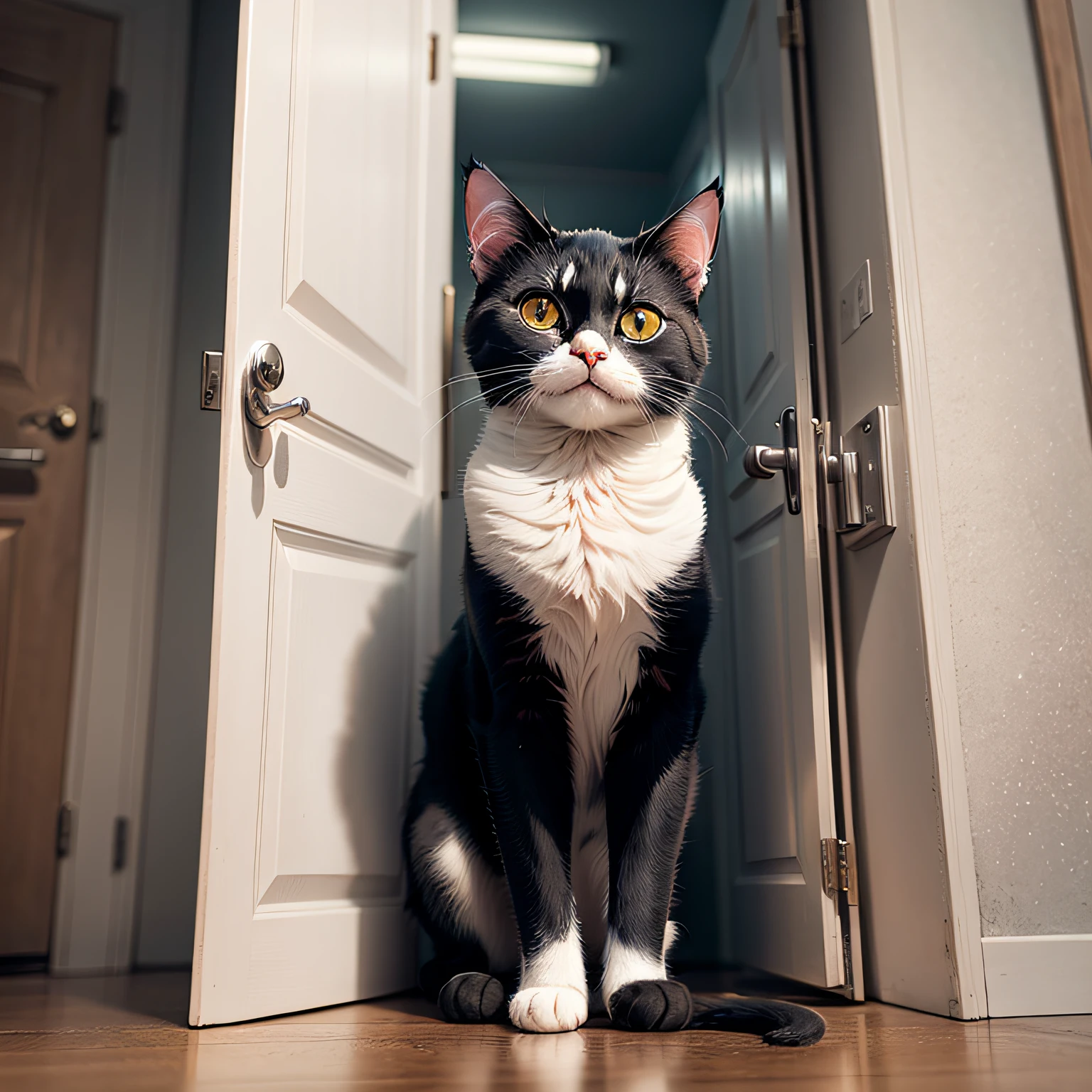 Cute black and white cat，Secretly observe behind the door，adolable，Big eyes cute --auto