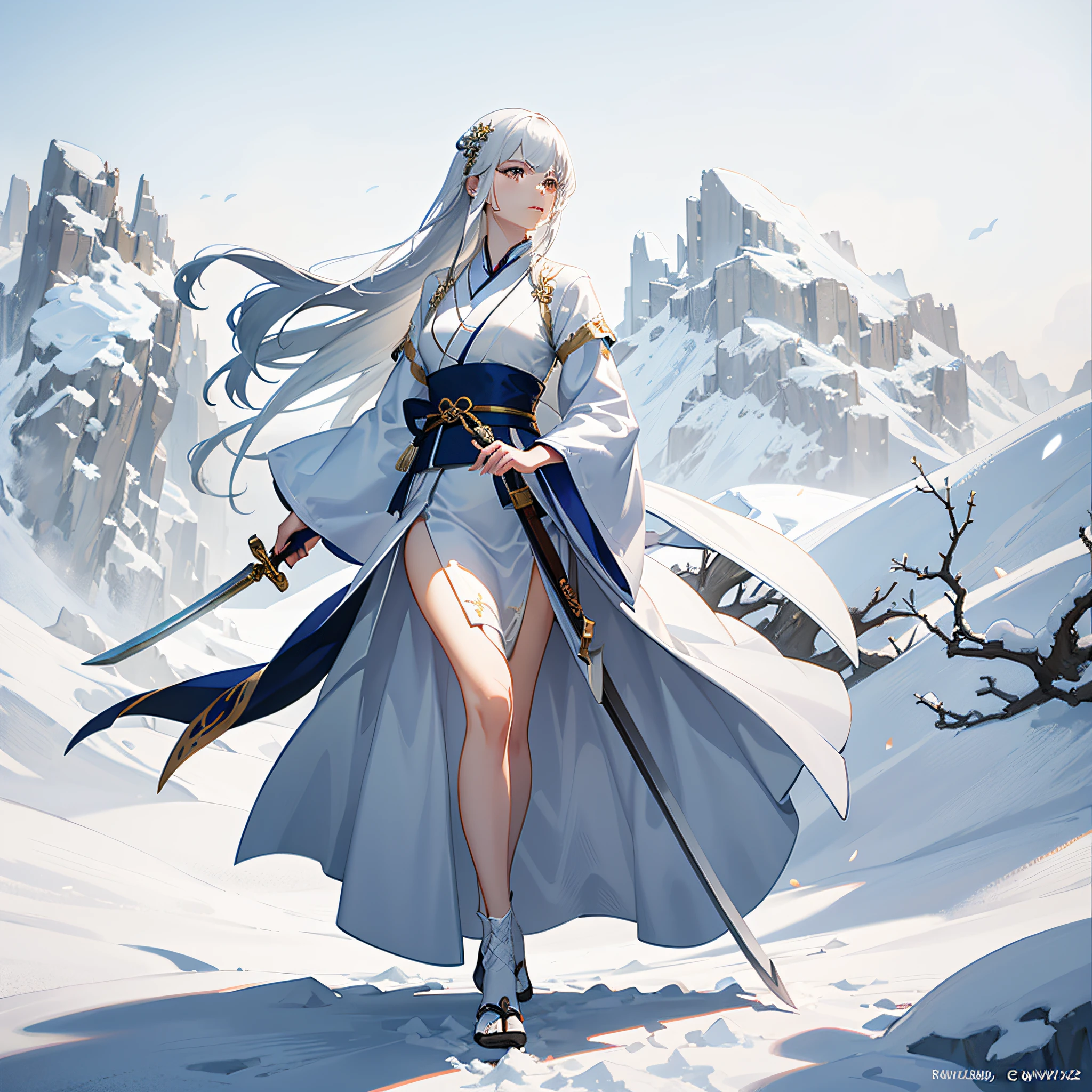 Close-up of a woman in a white dress holding a sword,snowfield,Long snow-white hair,Ancient wind,The popularity of CGsociety,Fantasyart,Beautiful character painting,Guviz-style artwork,Guvitz,White Hanfu,Flowing white robe,full-body wuxia,epic exquisite character art,Stunning character art,beautiful female assassin