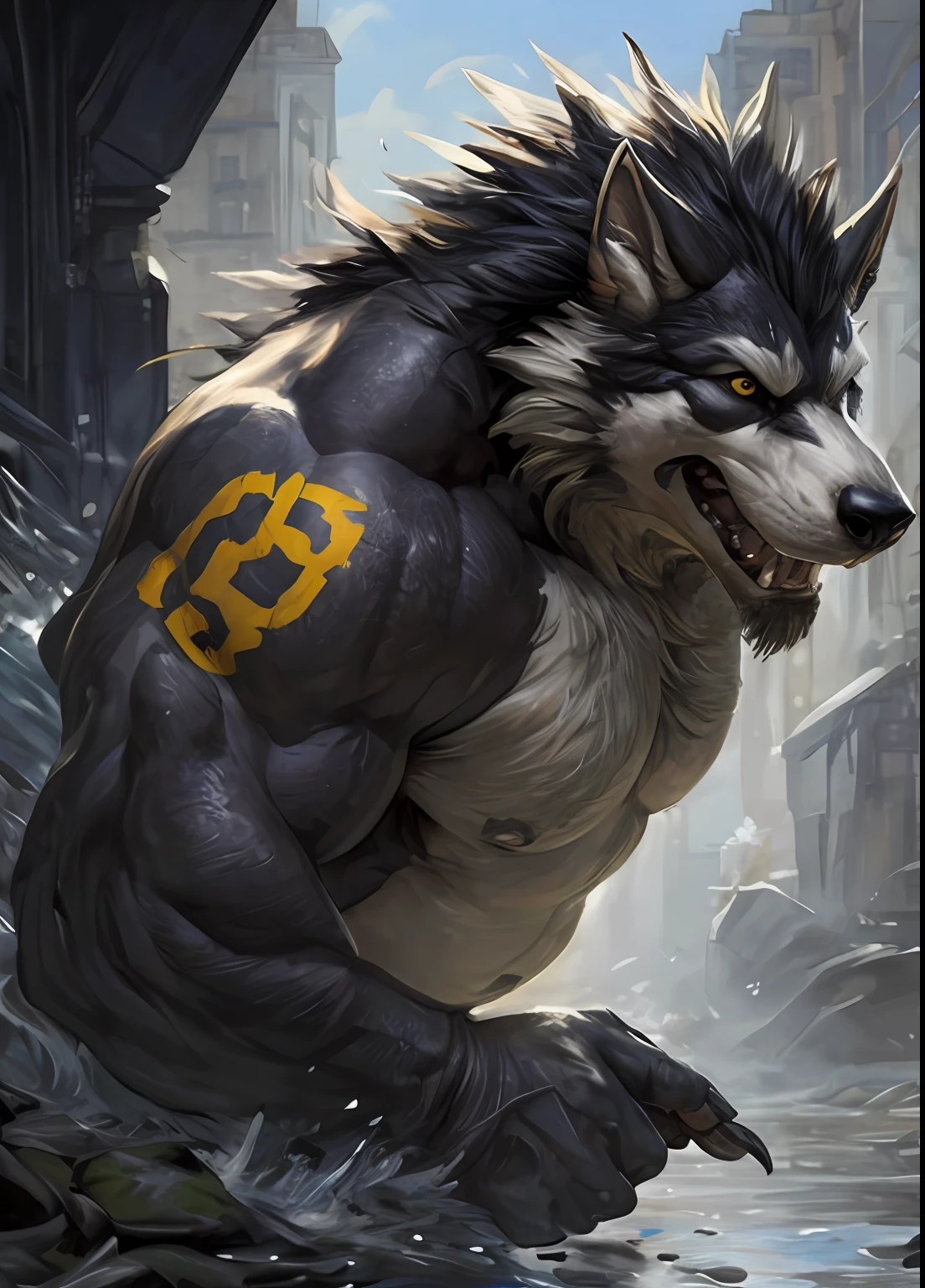 kemono, anthro (lobo), macho, (lobo), corpo castanho, barriga branca, olhos verdes, selvagem, marsh, noite, atletic, olhos deatiled, escuro, dim, retrato, (pose de luta), fear expression, dente canino, hd, sombras escuras, wide dynamic range, hdr, baixa luz:1.2, por Pino Daeni, (por ruaidri), por virtyalfobo, 4K分辨率, fotorrealismo, corpo gordo e musculoso, gordo, musculos grandes, musculos gordos