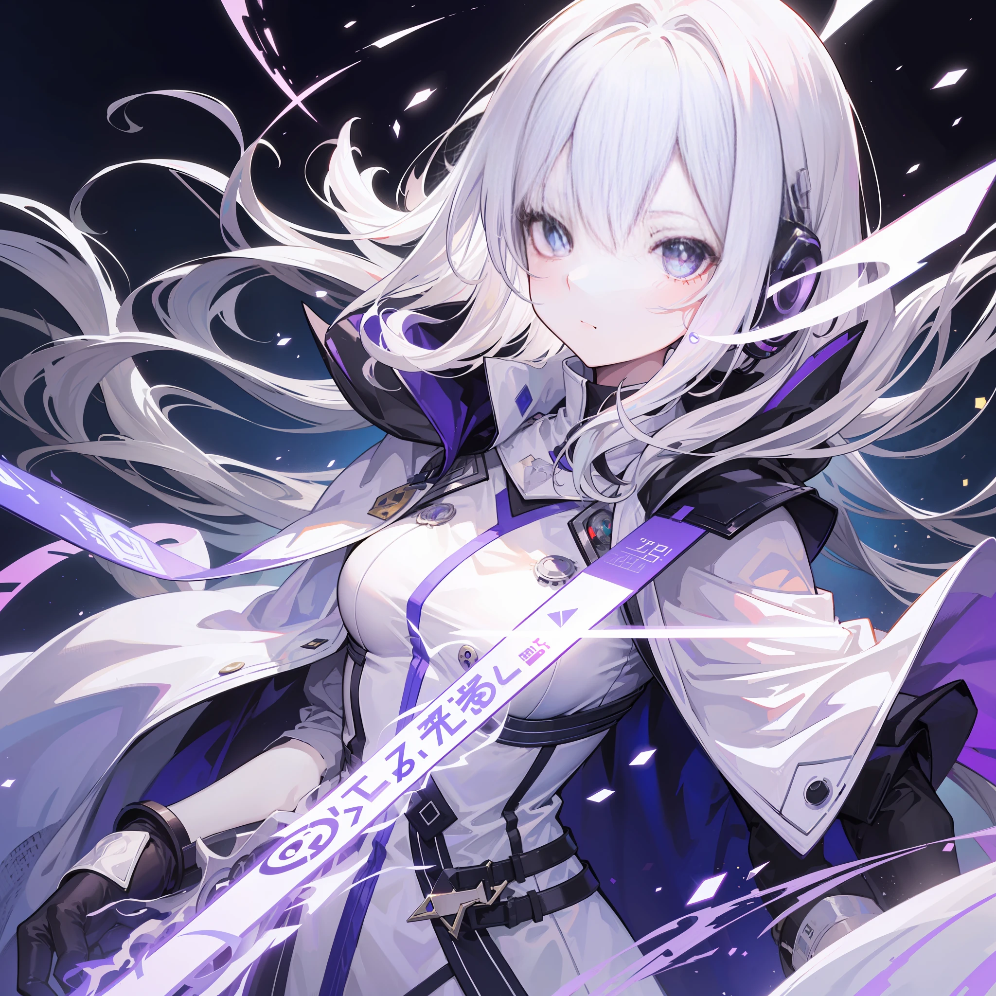(Ultra-clear picture quality vertical painting,style of anime,High optical effect),(Light sci-fi atmosphere,White-haired elegant girl wearing a white and purple cape,Deep purple pupils),(Simple purple sci-fi electronic pattern decoration)。