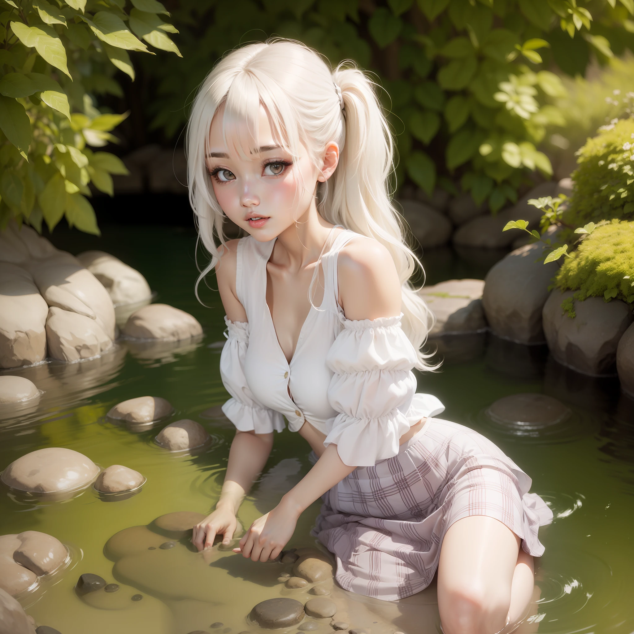 23years old，Young beautiful girl，High value，White color hair， JK skirt，Bare legged，Hot spring scene
