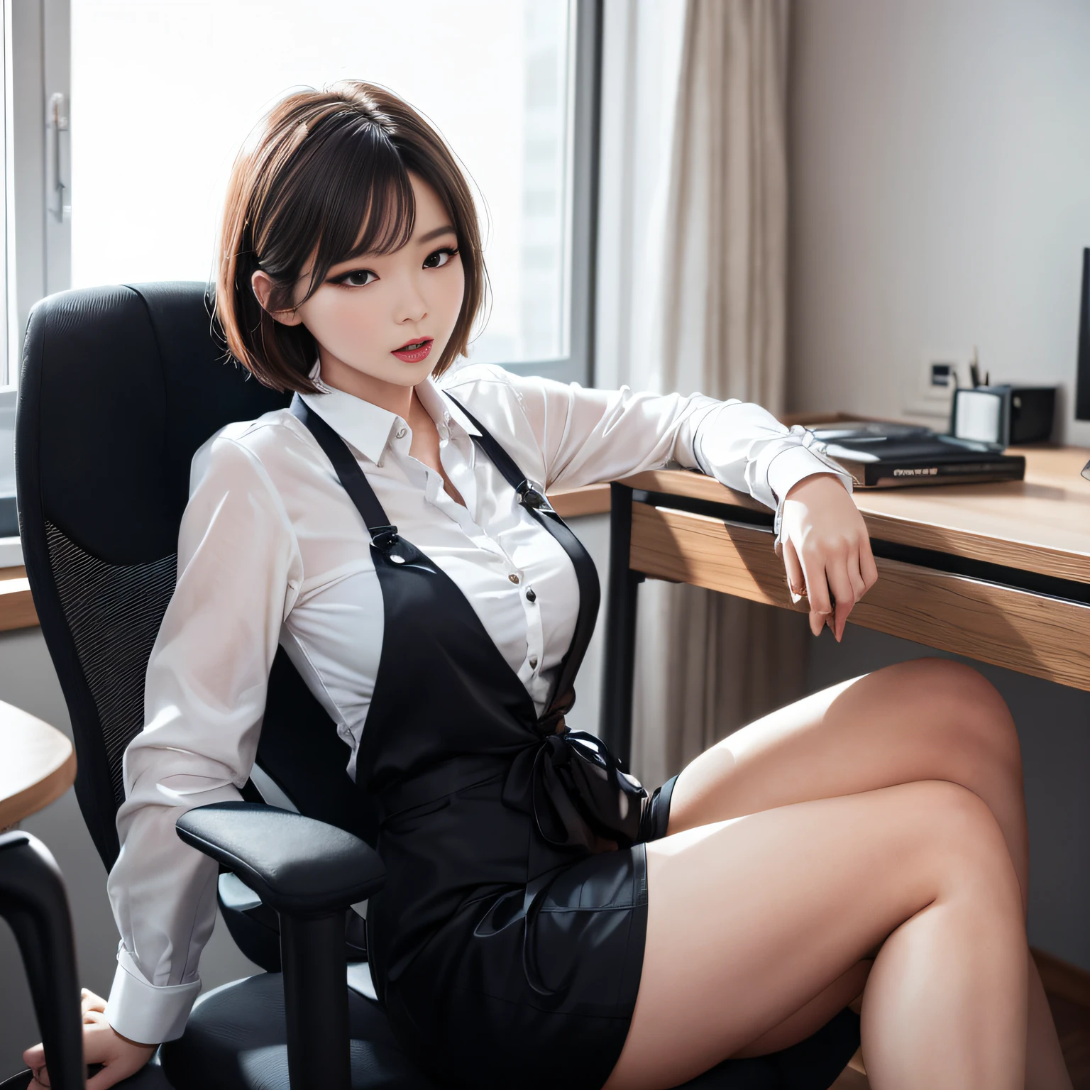 There was a woman sitting at her desk,Hold the computer, wearing a strict business suit, office clothes, Attractive pose, Korean girl, Gorgeous young Korean woman, wearing a strict business suit, dressed in a suit, beautiful Korean women, sittinng on the desk, sit on chair, Korean woman, Beautiful young Korean woman, cute elegant pose, dressed in a suit