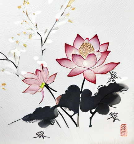 A painting of pink flowers，Black leaves on white background, Chinese watercolor style, Traditional Chinese Ink Painting, Chinese painting style, with lotus flowers, Traditional Chinese painting, Chinese style painting, Chinese ink painting, Traditional Chinese watercolor, Traditional Chinese art, China ink painting, inspired by Qian Du, Chinese painting, style of guo hua --auto