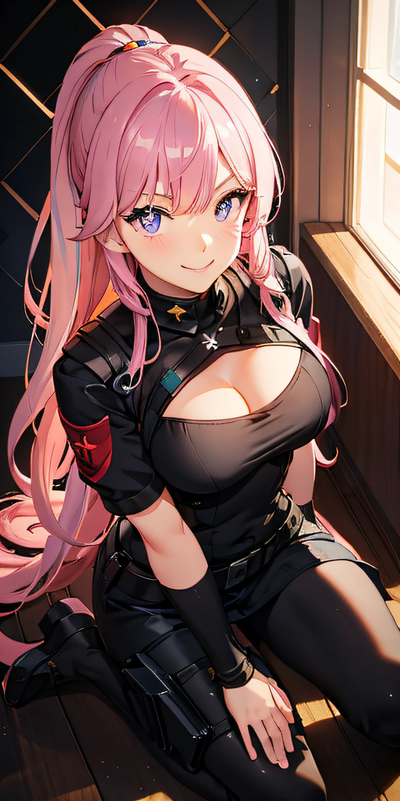 Anime girl with pink hair sitting on the floor in front of the window, Fine details. Girl front, from girls frontline, thicc, seductive anime girls, (sfv) safe to work, Marin Kitagawa fanart, Waifu, trending on artstation pixiv, Anime Huaifu, Anime girls, at pixiv, grinning evily,flatchest,Purple eyes,Purple eye,Purple pupils