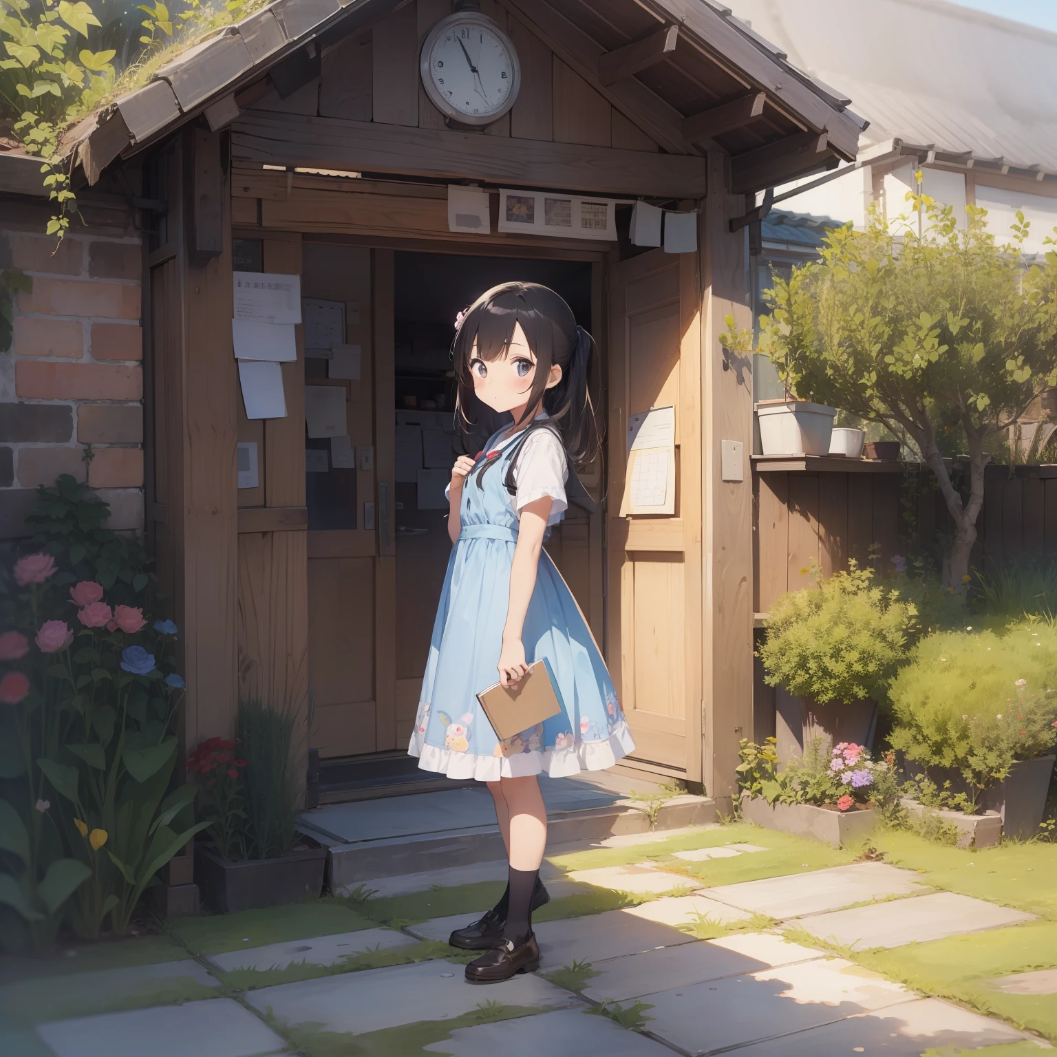 Girls aged 6、kindergarten、picture book-style、Watercolor wind、full body Esbian、Various angles、Garden Uniforms、character sheets、
