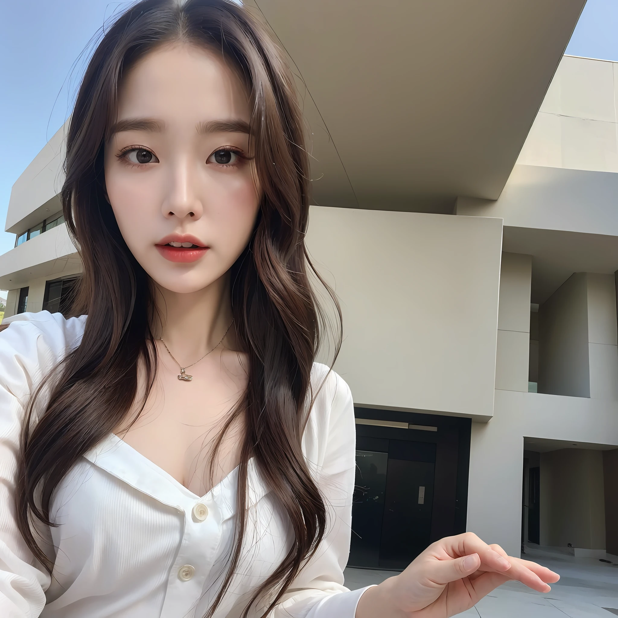 (Best quality, High resolution, Masterpiece :1.3), A tall and pretty woman, Slender abs, Dark brown hair styled in loose waves, Breasts, Wearing pendant, White button up shirt, Belt, Black skirt, (Modern architecture in background), Details exquisitely rendered in the face and skin texture, Detailed eyes, Double eyelid