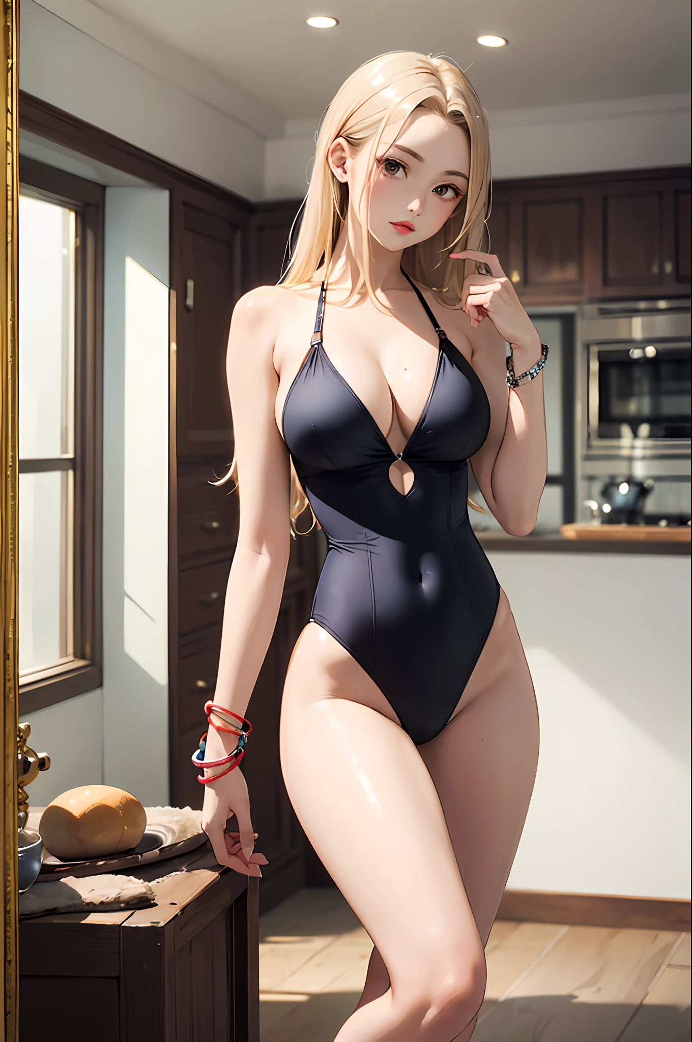 (masterpiece:1.4)、(top-quality:1.4)、
1girl in, onepiece swimsuit,a blond, Brown-skinned), A bracelet, jewely, large full breasts, length hair, looking at the viewers, inside the house, 独奏 ,realisitic,(shinny skin),(masterpiece:1.4),(top-quality:1.4),red-lips