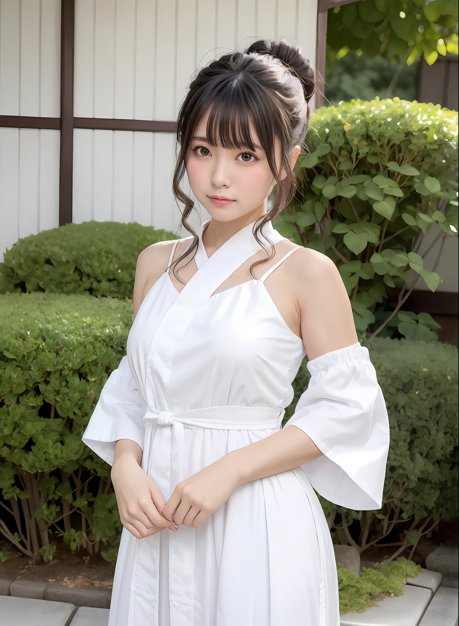 Glowing skin with dark hair and low ponytail、Cute priestess girl with perfect symmetrical face with blushing cheeks, Wearing Japan white clothes,Red Hakama,age19, in japanese garden, 45 angles by Krenz Kuscher and Mucha, Golden Hour Lighting, strong rimlight, intense shadow, CanonEOS, SIGMA Art Lens 35mm F1.4, ISO 200 Shutter Speed 2000、Colossal tits、Japan white clothes,Red Hakama,Bare shoulders,Detached sleeves,