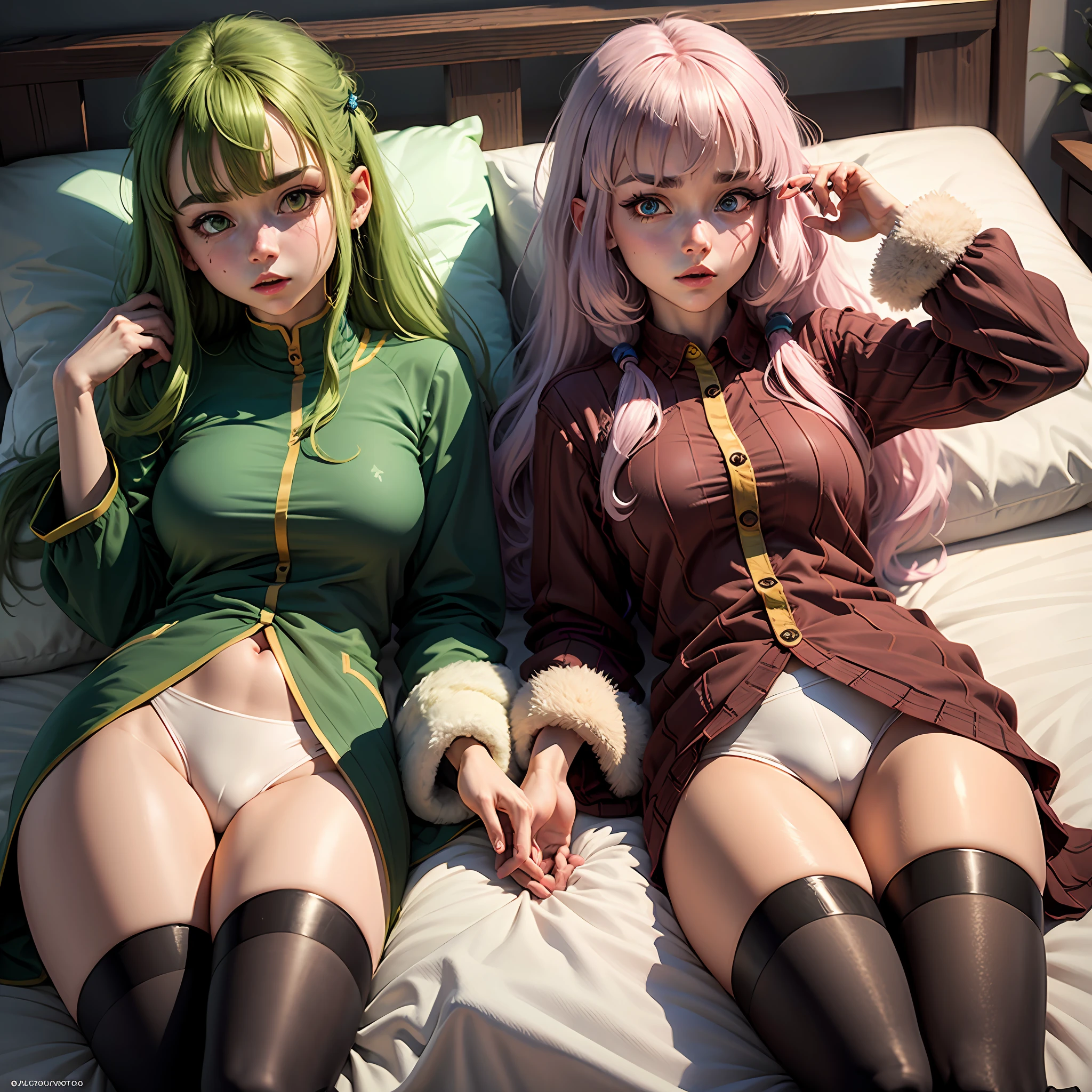 Olhos definidos cor verde pele branca cabelos brancos perna grande peitos gigantes rosto definido bonito bem detalhado cenarios deitada na cama sem roupas toda molhada da de porra arte full 4k versao anime --auto