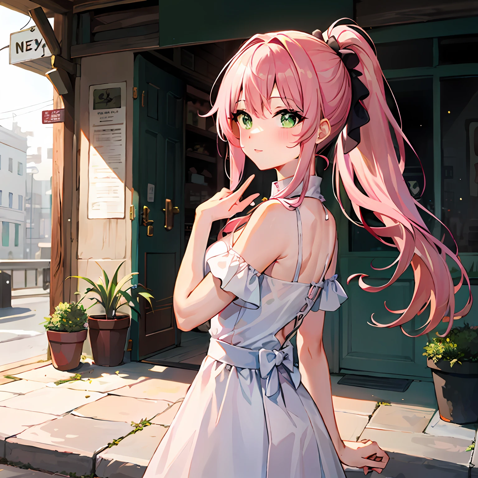 Anime girl with pink hair and green eyes standing on sidewalk, cute anime waifu in a nice dress, pink twintail hair and cyan eyes, **** in dress, anime moe art style, drawn in anime painter studio, Smooth anime CG art, Beautiful anime girl, pretty anime girl, up of young anime girl, Detailed digital anime art, anime visual of a cute girl